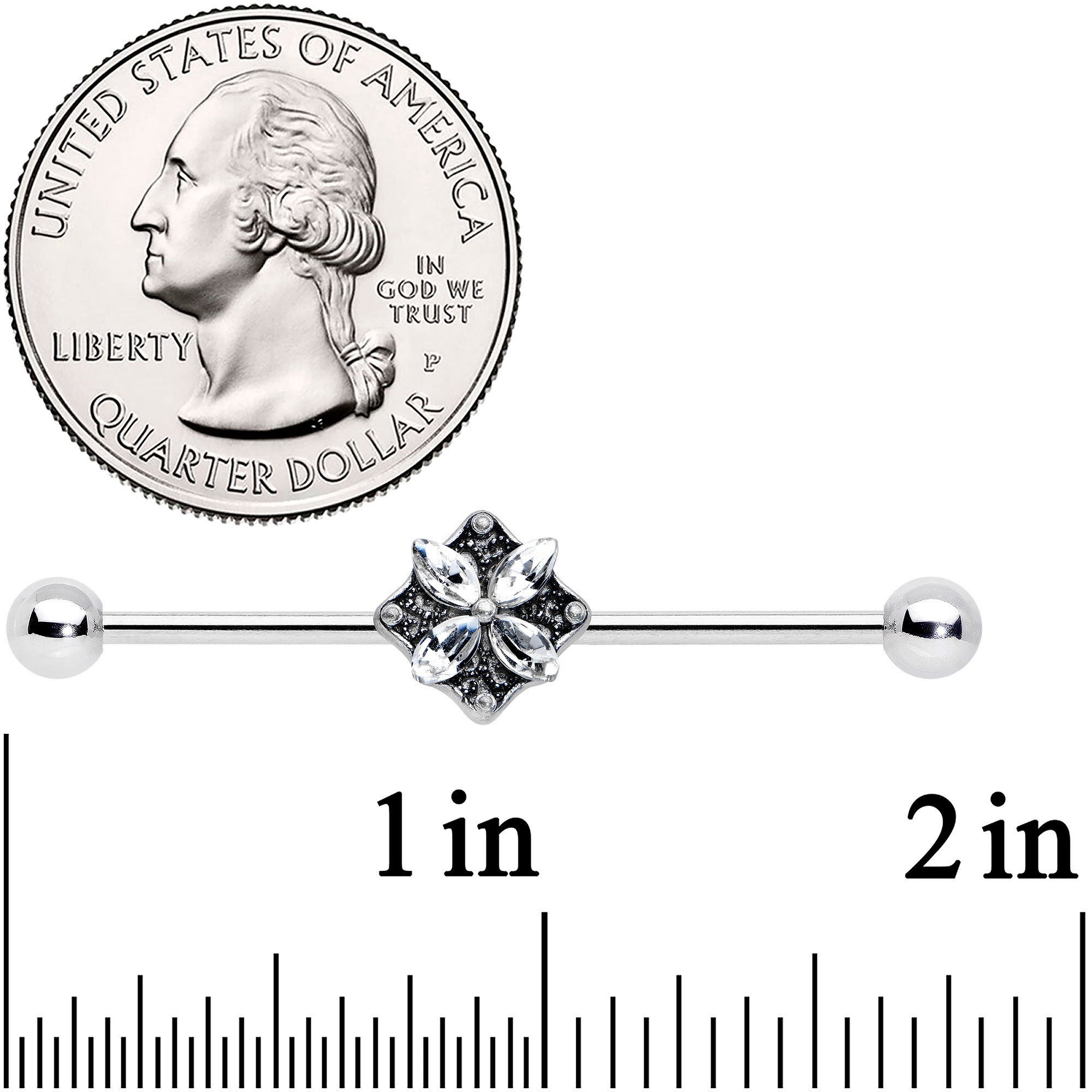14G Clear Gem Floral Rhombus Baroque Industrial Barbell 38mm