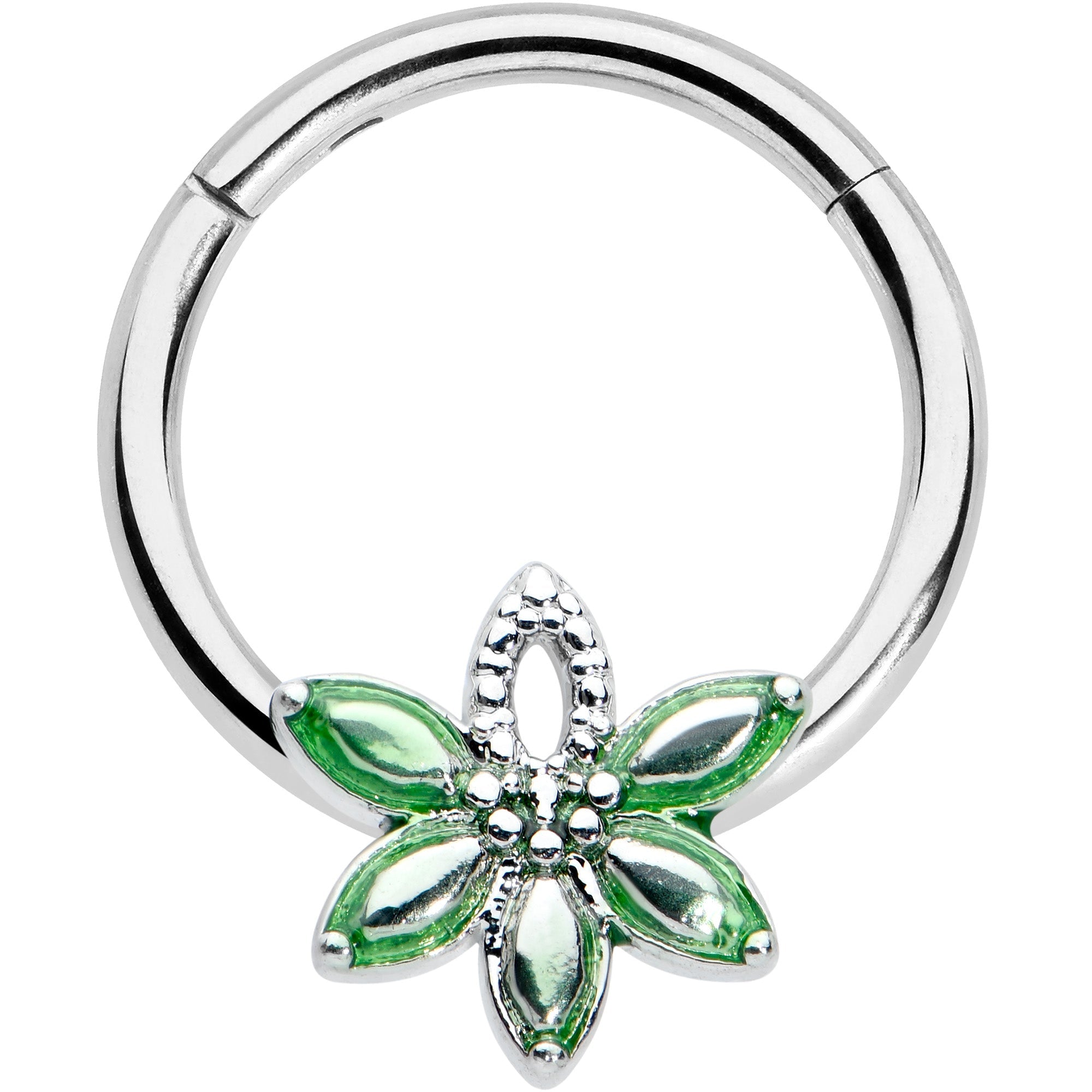 16G 3/8 Green Gem Texture Loopy Pot Leaf Hinged Segment Ring