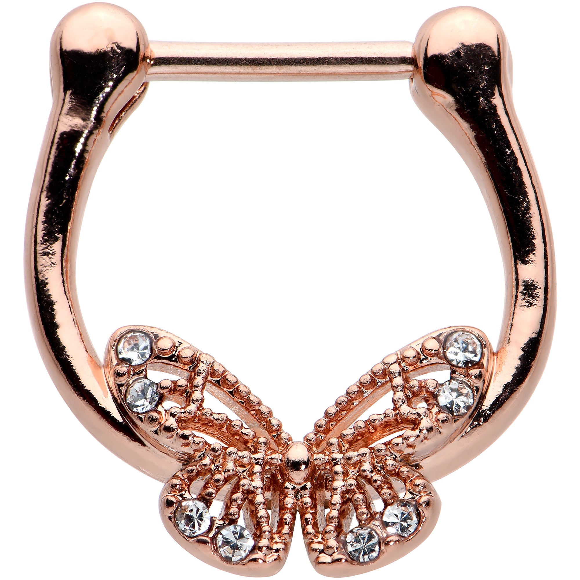 16G 5/16 Clear Gem Rose Gold Hue Airy Butterfly Cartilage Clicker