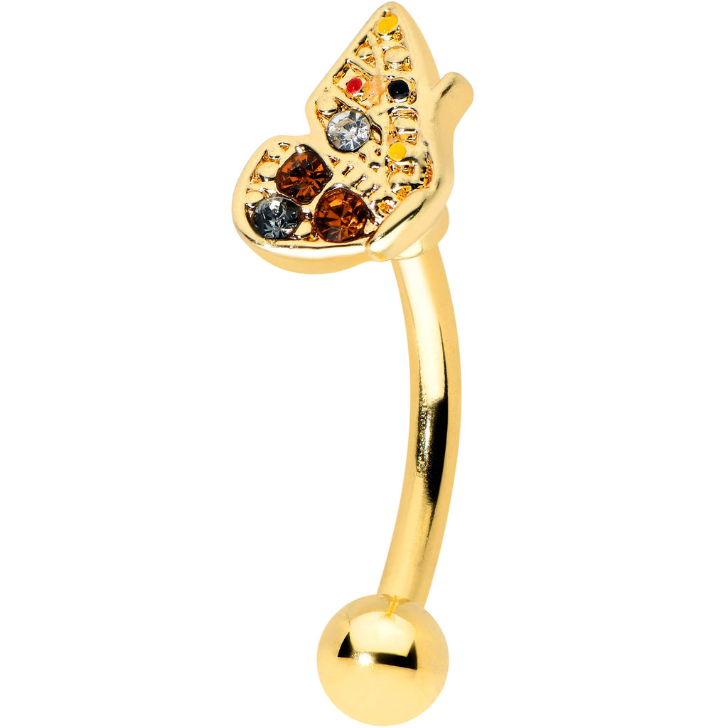 16G 5/16 Orange Black Gem Gold Tone Butterfly Curved Eyebrow Ring