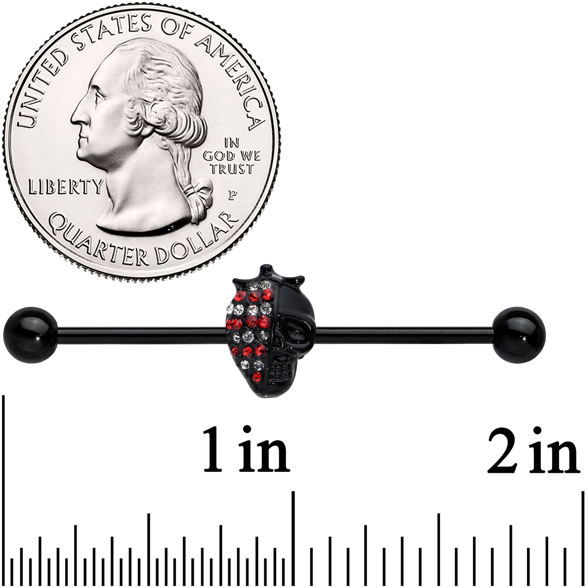 14G Clear Red Gem Black Skull Halloween Industrial Barbell 38mm