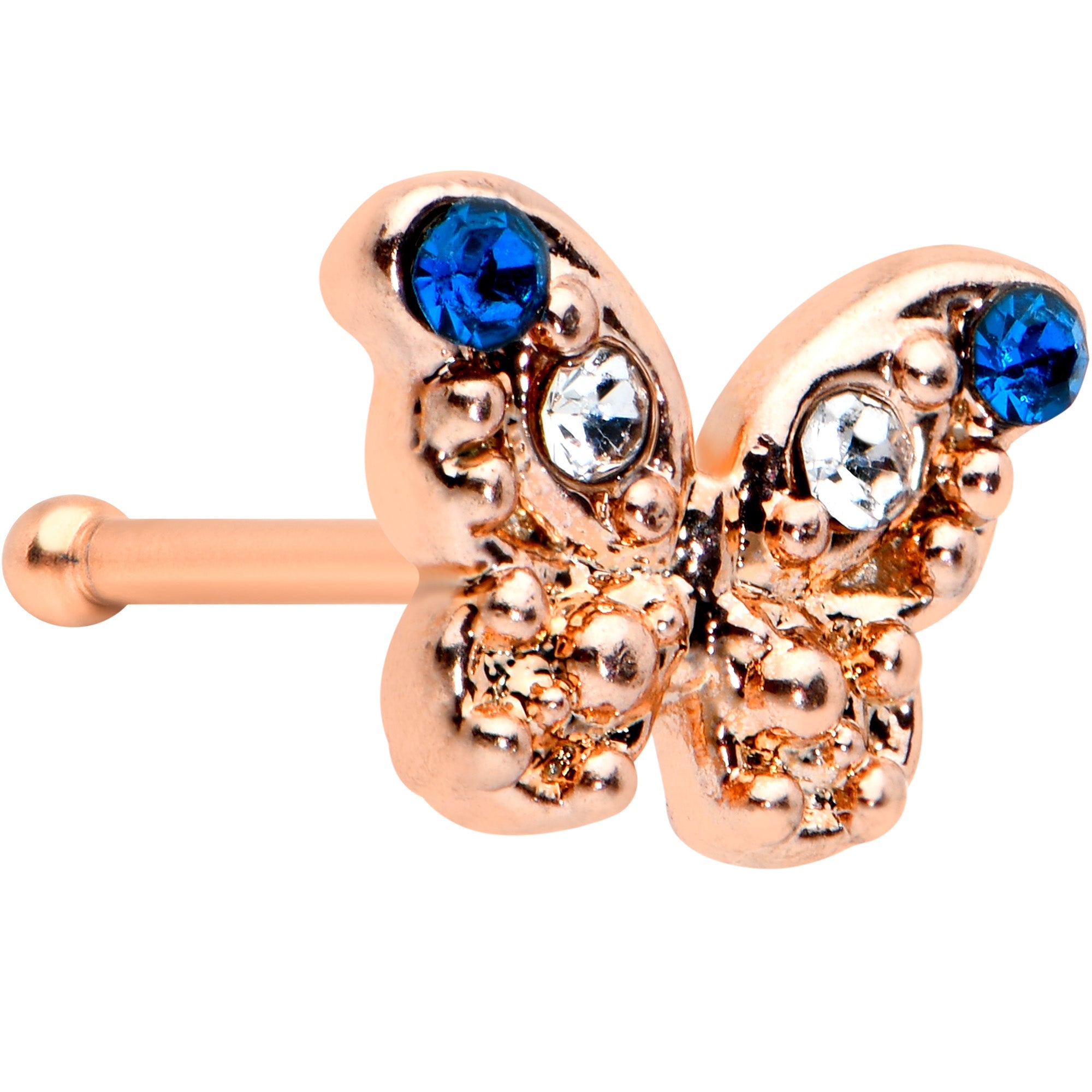 20G 1/4 Clear Blue Gem Rose Gold Tone Butterfly Wing Nose Bone