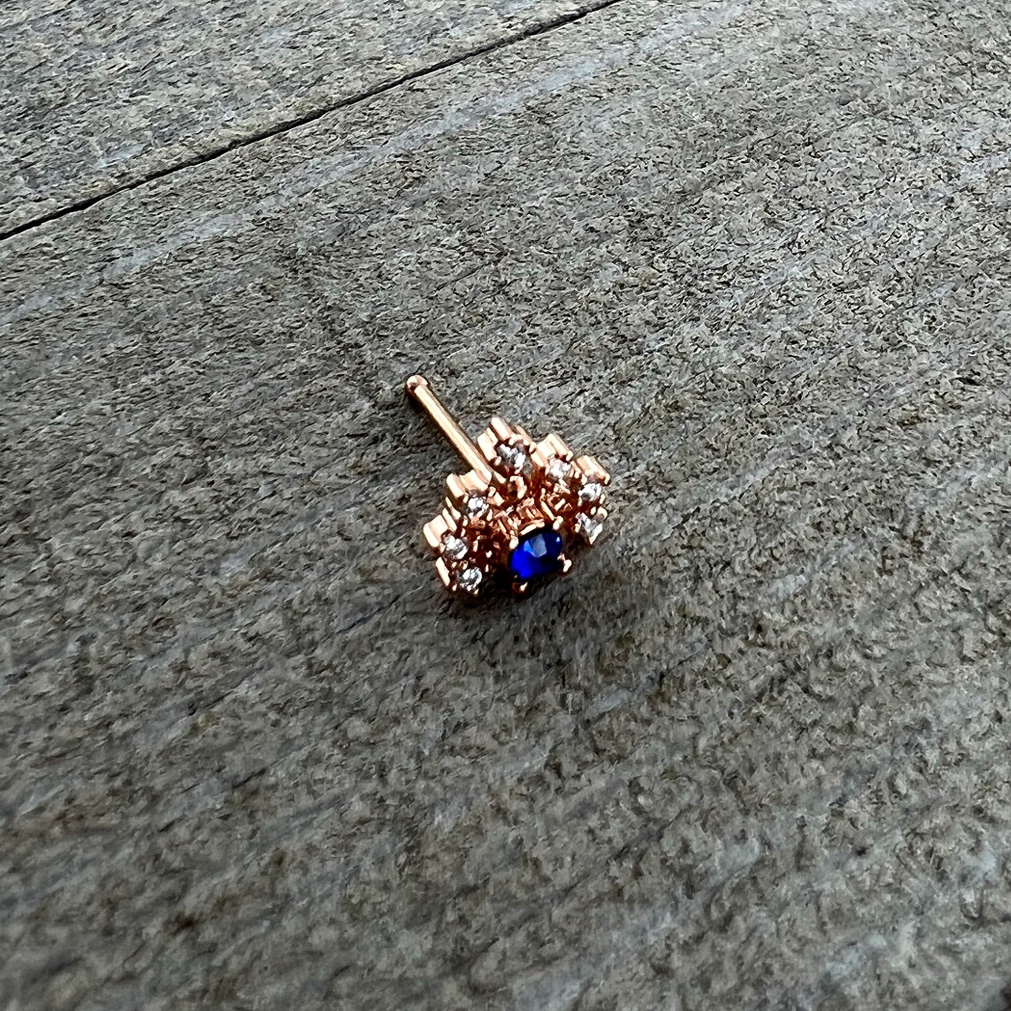 20G 1/4 Blue Clear Gem Rose Gold Tone Glamour Flare Nose Bone