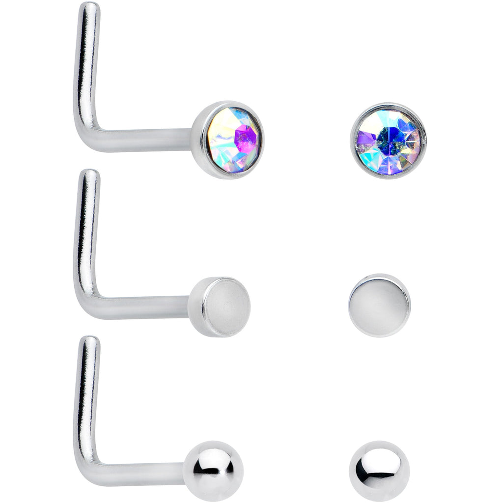 20G 1/4 Aurora Blue CZ Gem Flower L Shape Nose Ring Set of 6