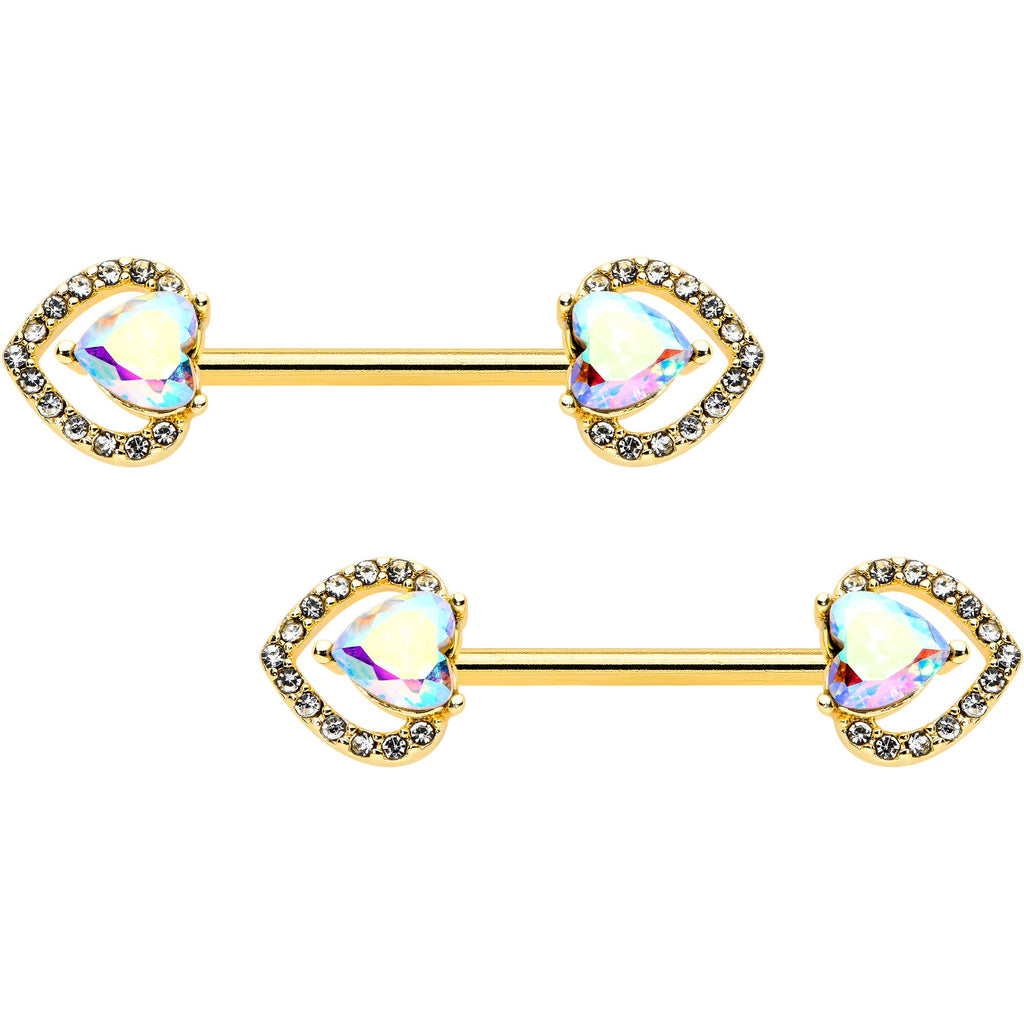 14G 9/16 Aurora Gem Gold Hue Rococo Heart Barbell Nipple Ring Set