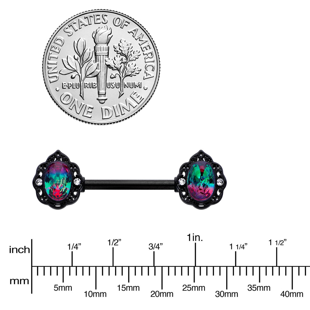 14G 9/16 Purple Tourmaline Black Lacy Drop Barbell Nipple Ring Set