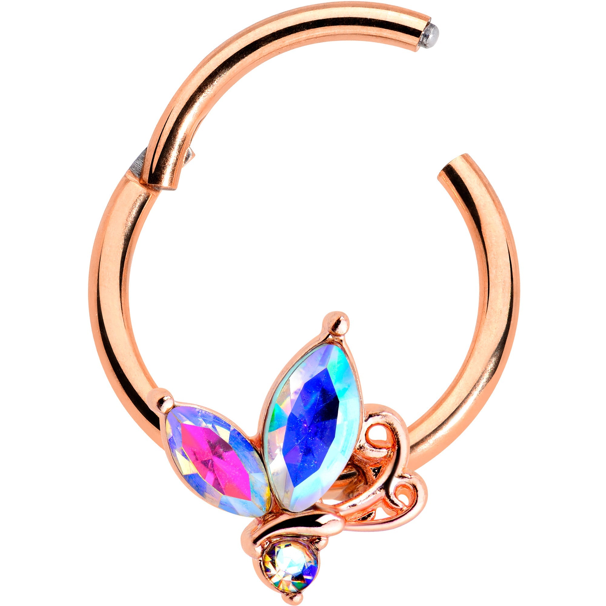 16G 3/8 Aurora CZ Gem Rosy Tone Fleur de Lis Butterfly Hinged Segment Ring