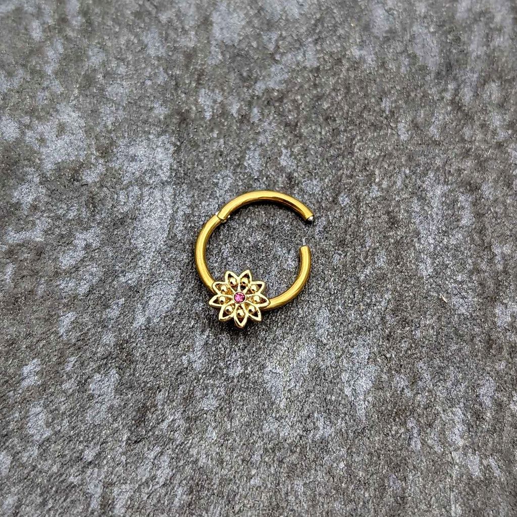 16G 3/8 Pink Gem Gold Tone Starry Flower Hinged Segment Ring