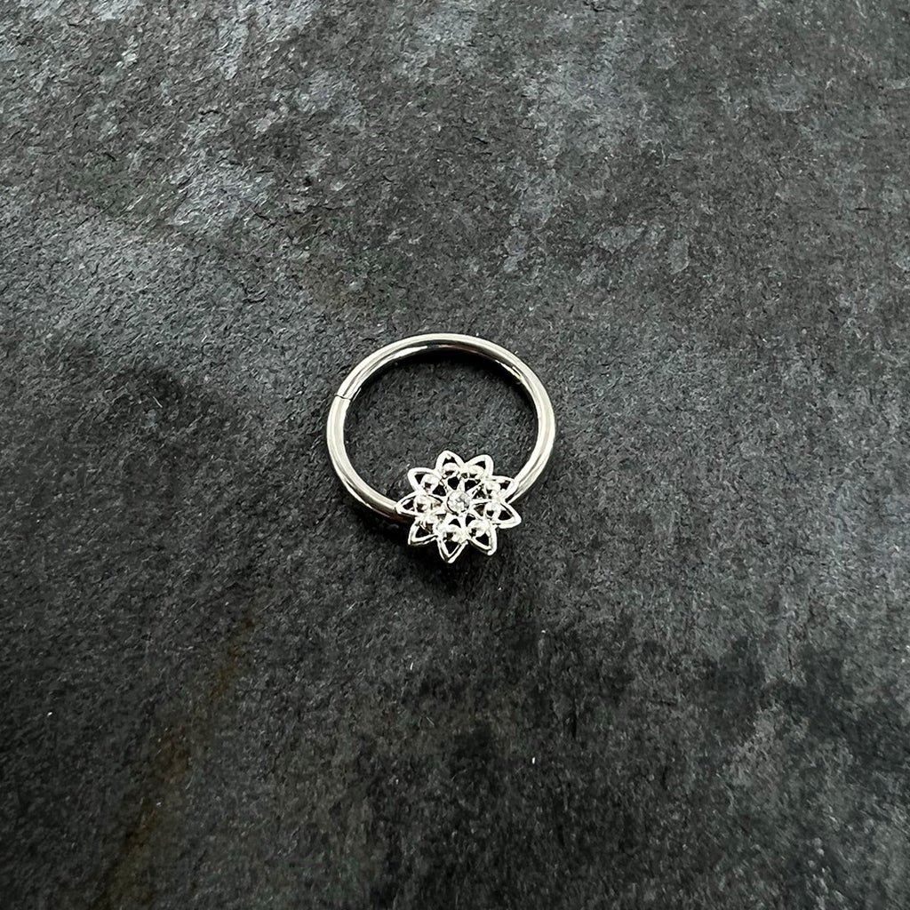 16G 3/8 Clear Gem Starry Flower Hinged Segment Ring