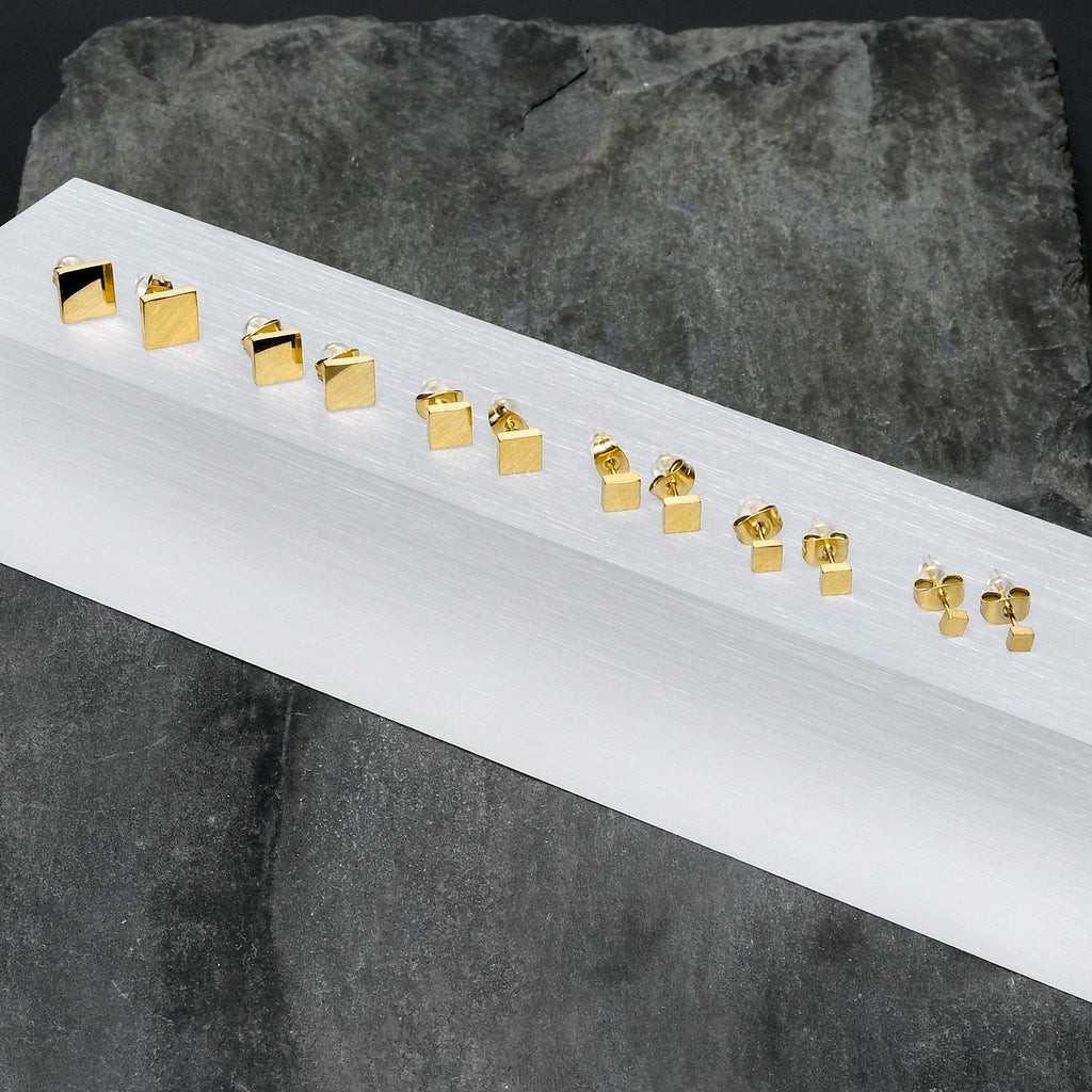 3mm-8mm Square Stud Gold Tone 316L Stainless Steel Earrings 6 Pack