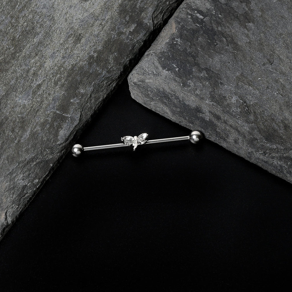 14G Clear Gem Simple Stylized Dragonfly Industrial Barbell 38mm