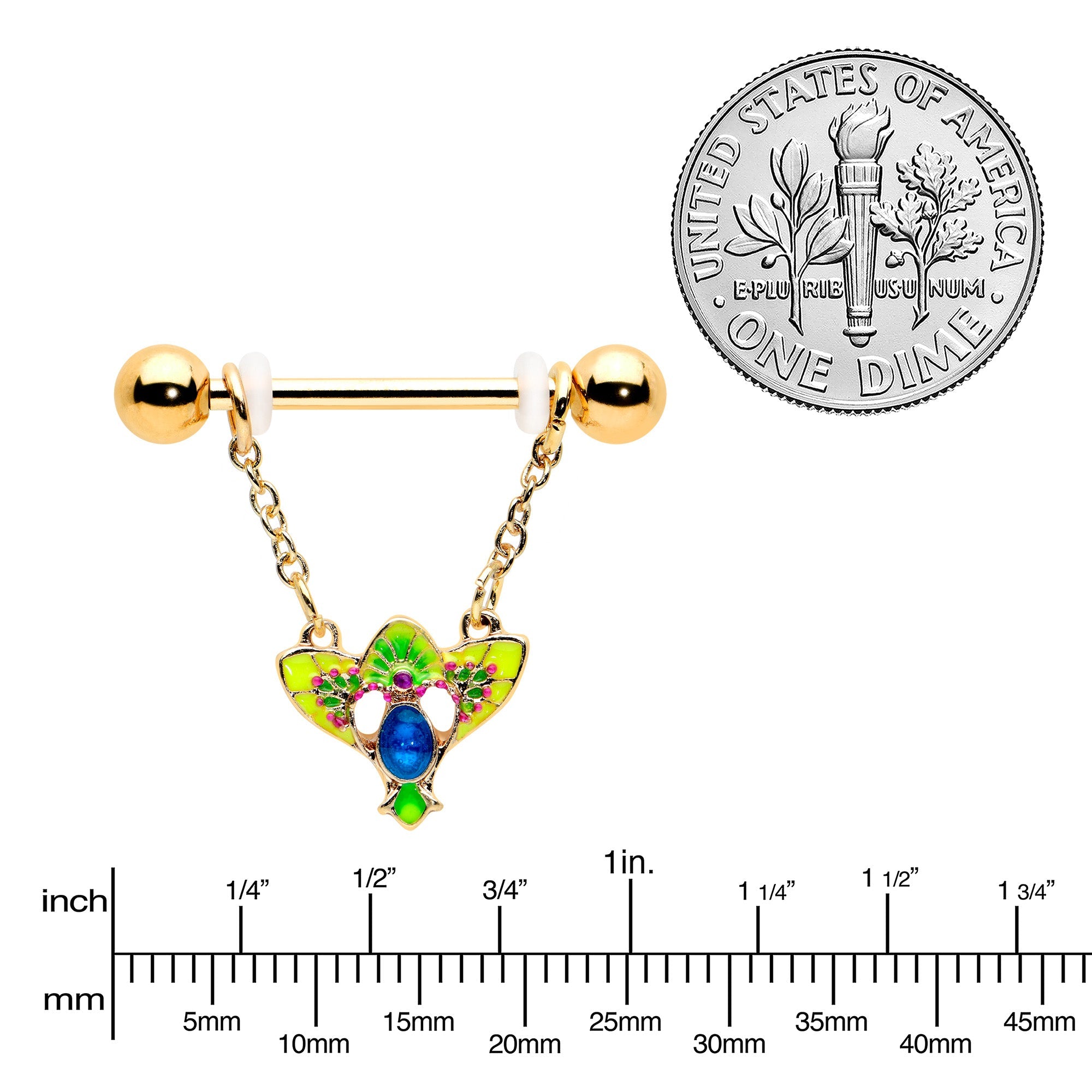 14G 9/16 Blue Gem Gold Hue Tropic Fan Chain Dangle Nipple Ring Set