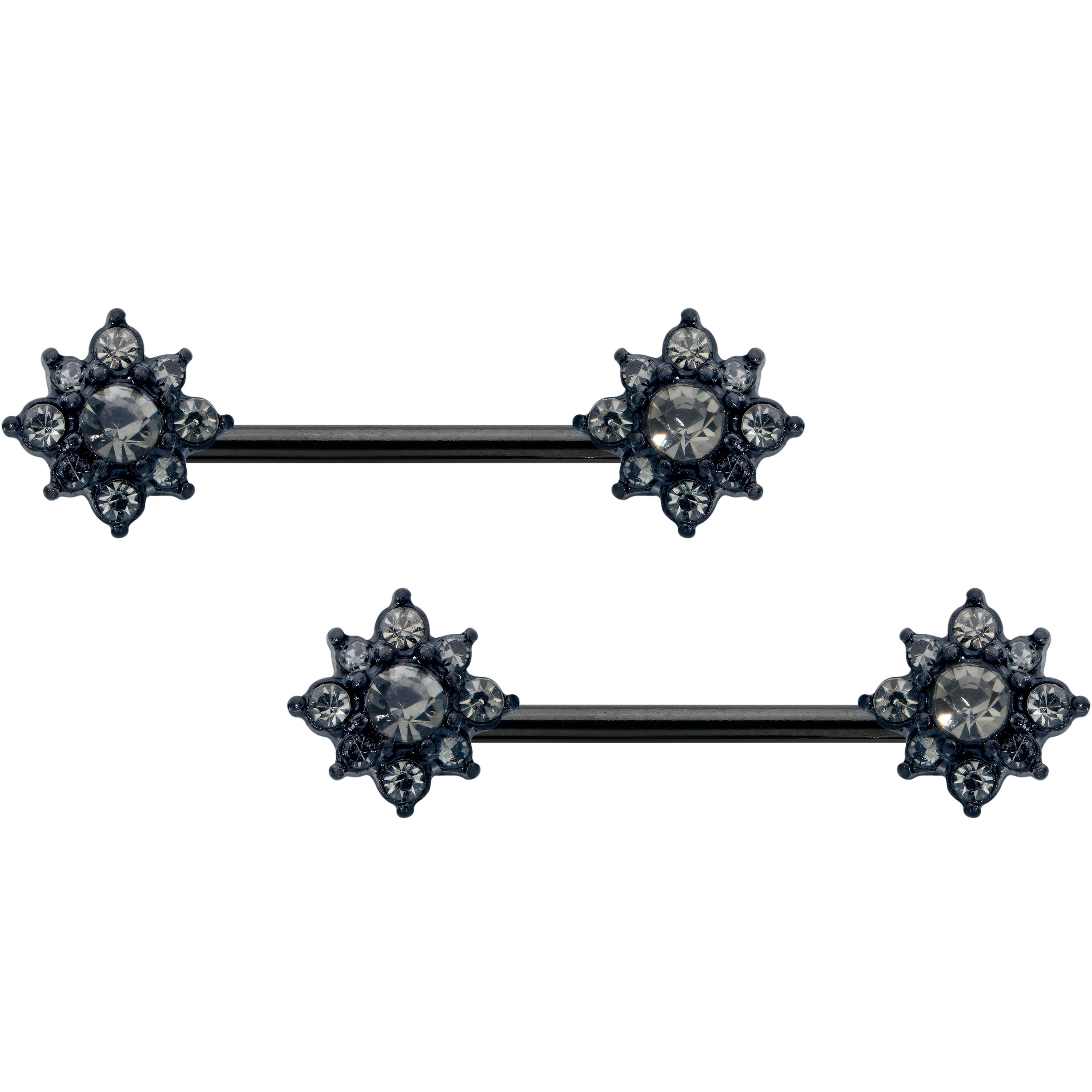 14G 9/16 Clear Gem Black Gothic Sun Barbell Nipple Ring Set