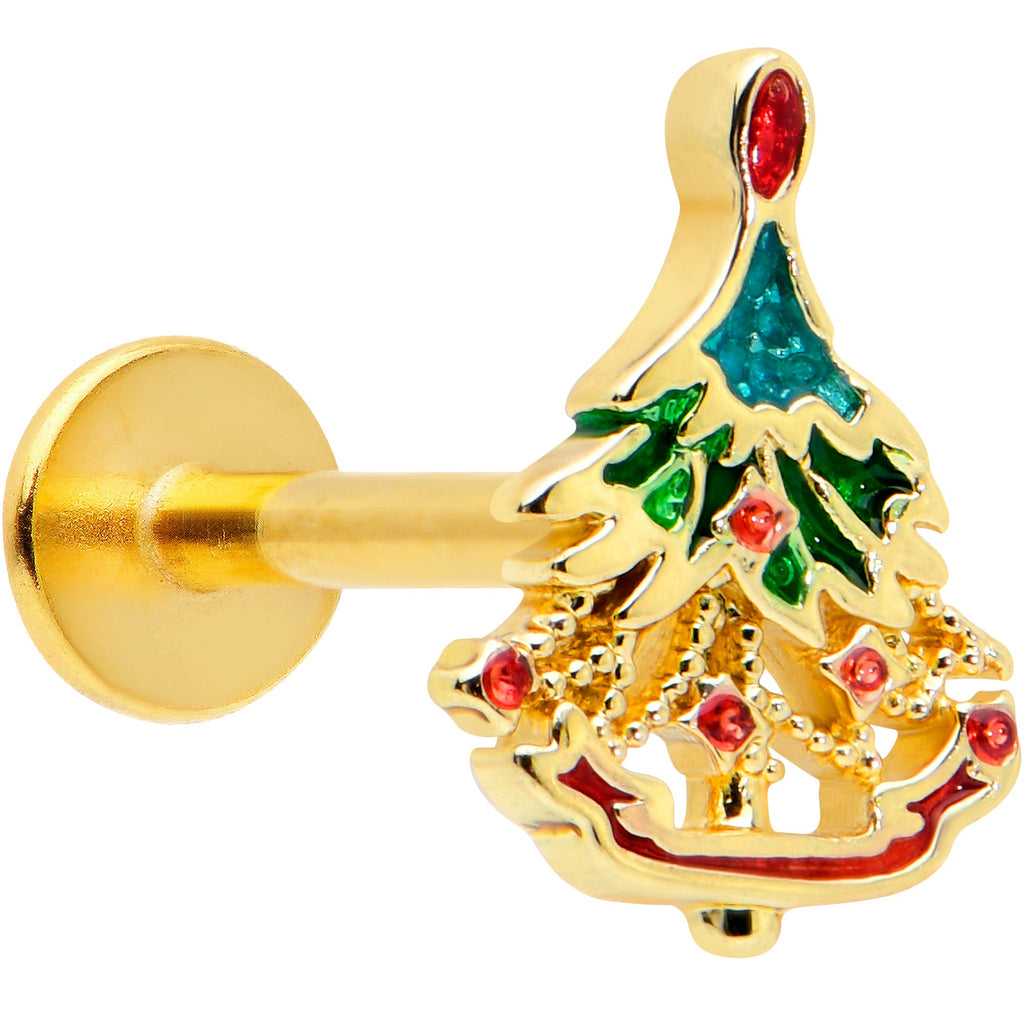 16G 5/16 Red Gem Gold Tone Deco Holiday Tree Labret Monroe Tragus