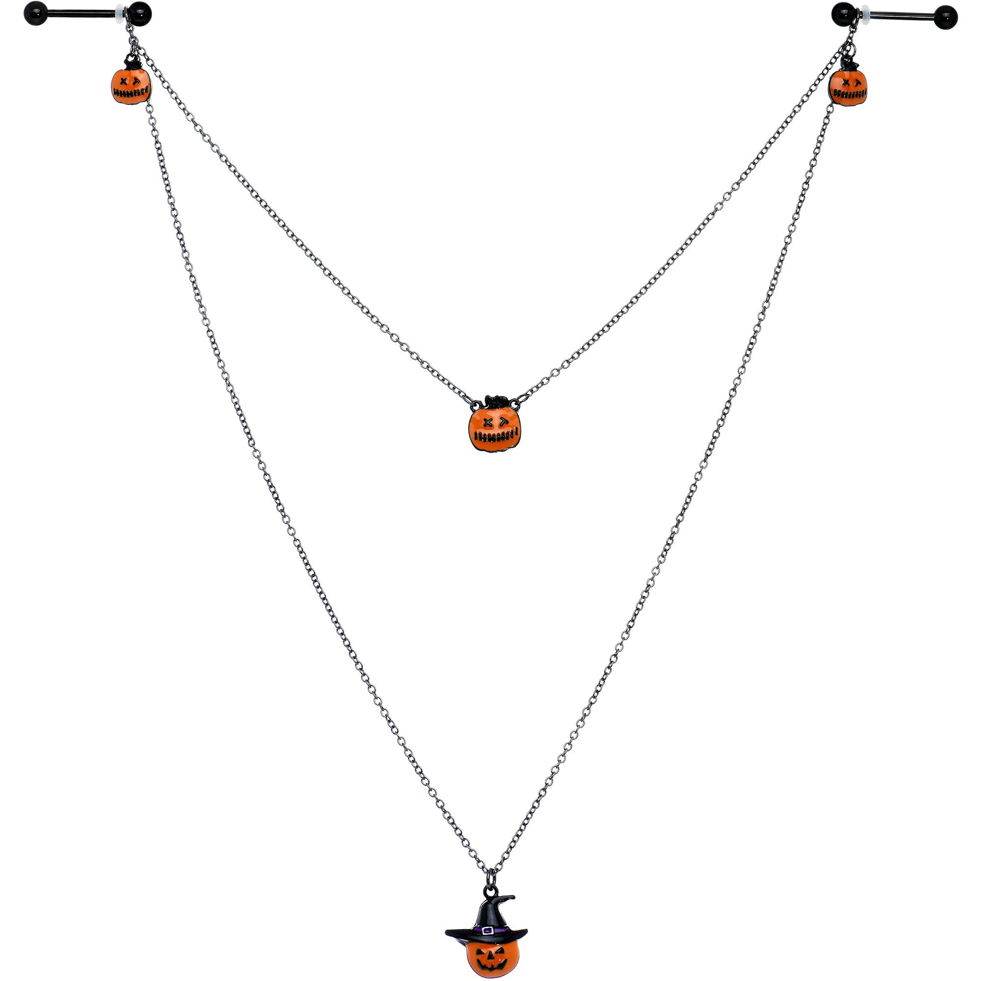 14G 9/16 Black Witchy Pumpkin Halloween Double Nipple Chain