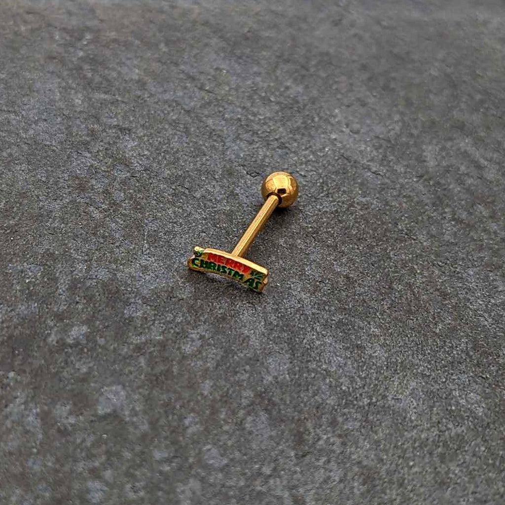Gold Tone Merry Christmas Inlaid Red Green Barbell Tongue Ring