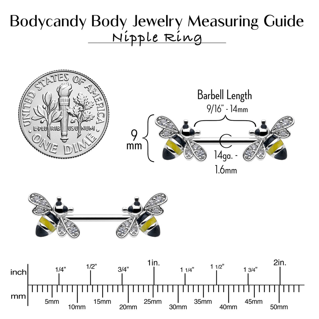 14G 9/16 Clear CZ Gem Honey Bees Barbell Nipple Ring Set