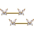 14G 9/16 Clear CZ Gem Gold Tone Butterflies Barbell Nipple Ring Set