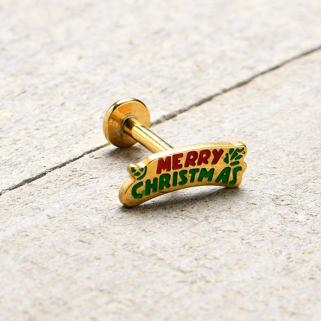 16G 5/16 Gold Tone Merry Christmas Inlaid Labret Monroe Tragus