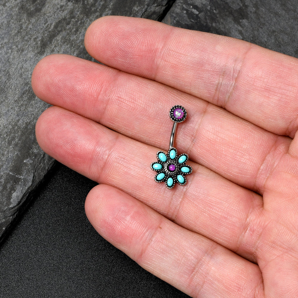 Blue Faux Opal Flower Teal Petals Double Mount Belly Ring
