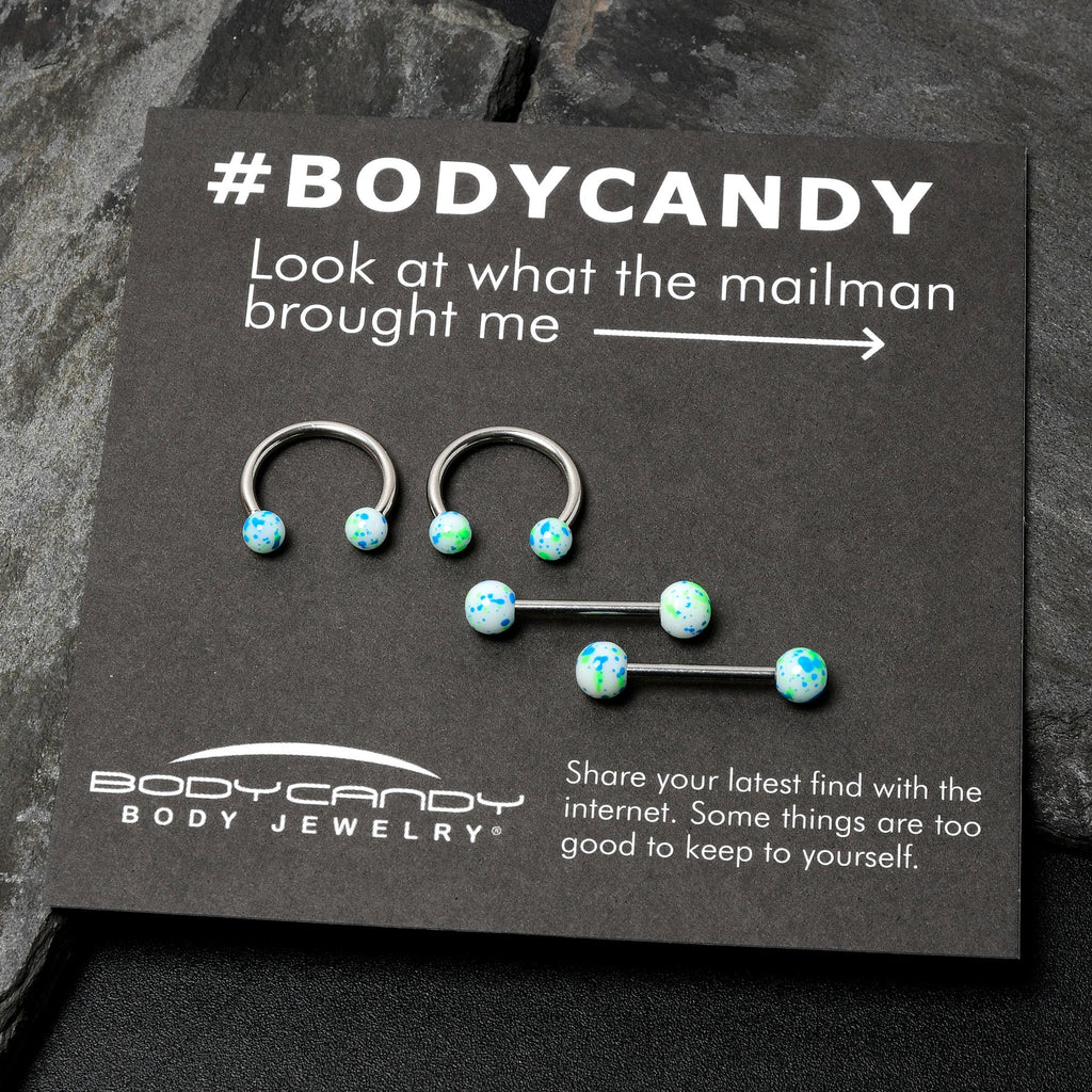 14G 9/16 1/2 Splatter Blue Green Barbell Horseshoe Nipple Ring Set of 4