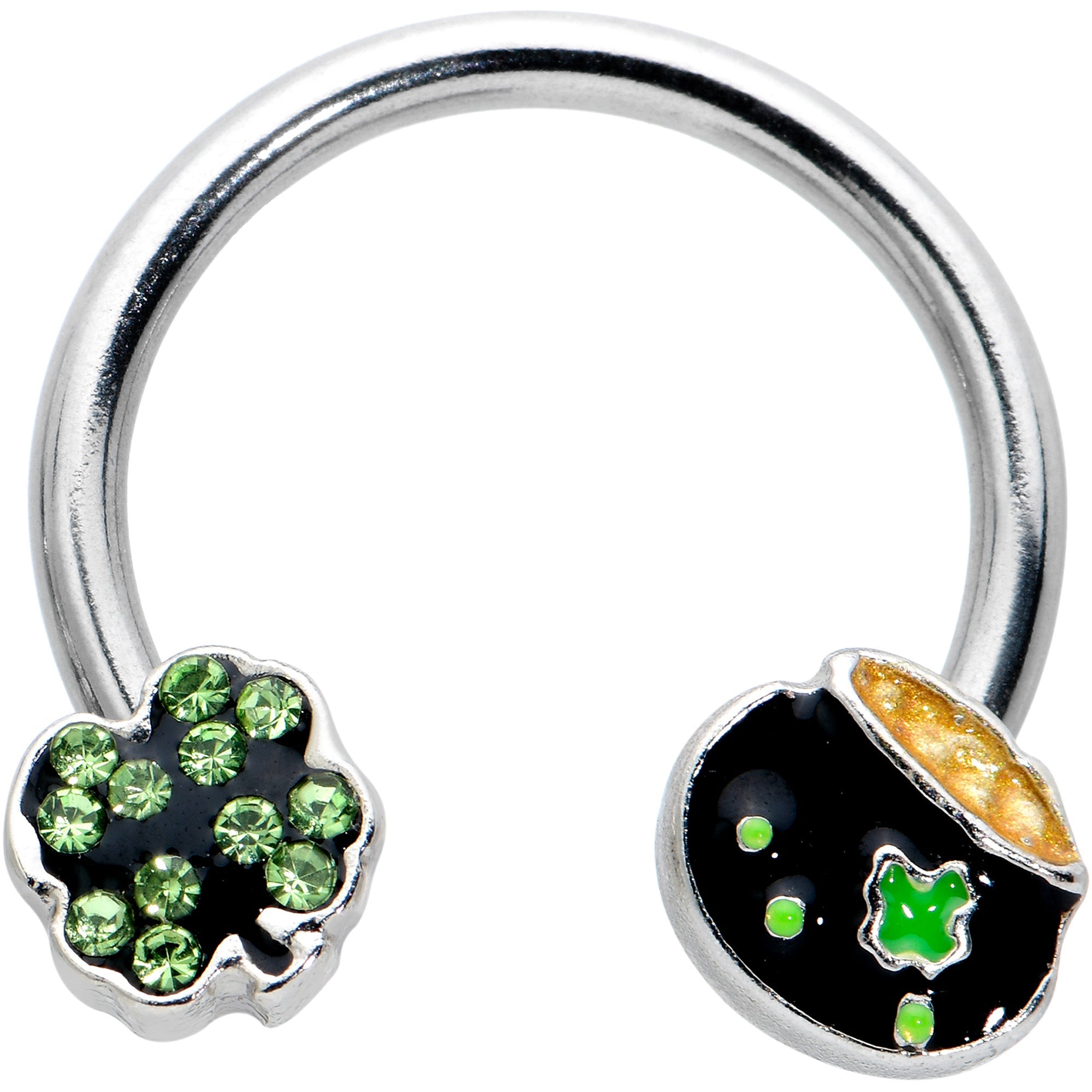 14G 9/16 Green Gem Shamrock Pot of Gold Horseshoe Nipple Ring Set
