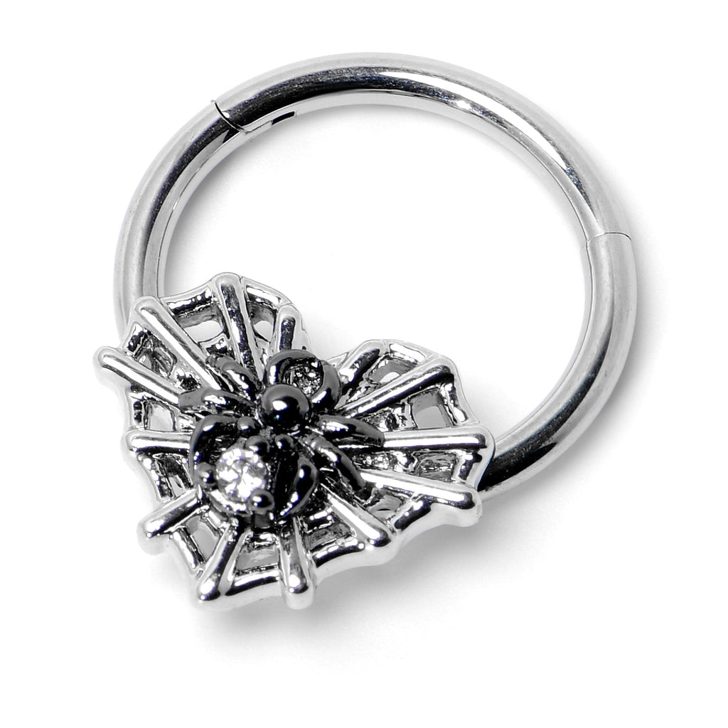 16G 3/8 Clear CZ Gem Heart of Spider Hinged Segment Ring