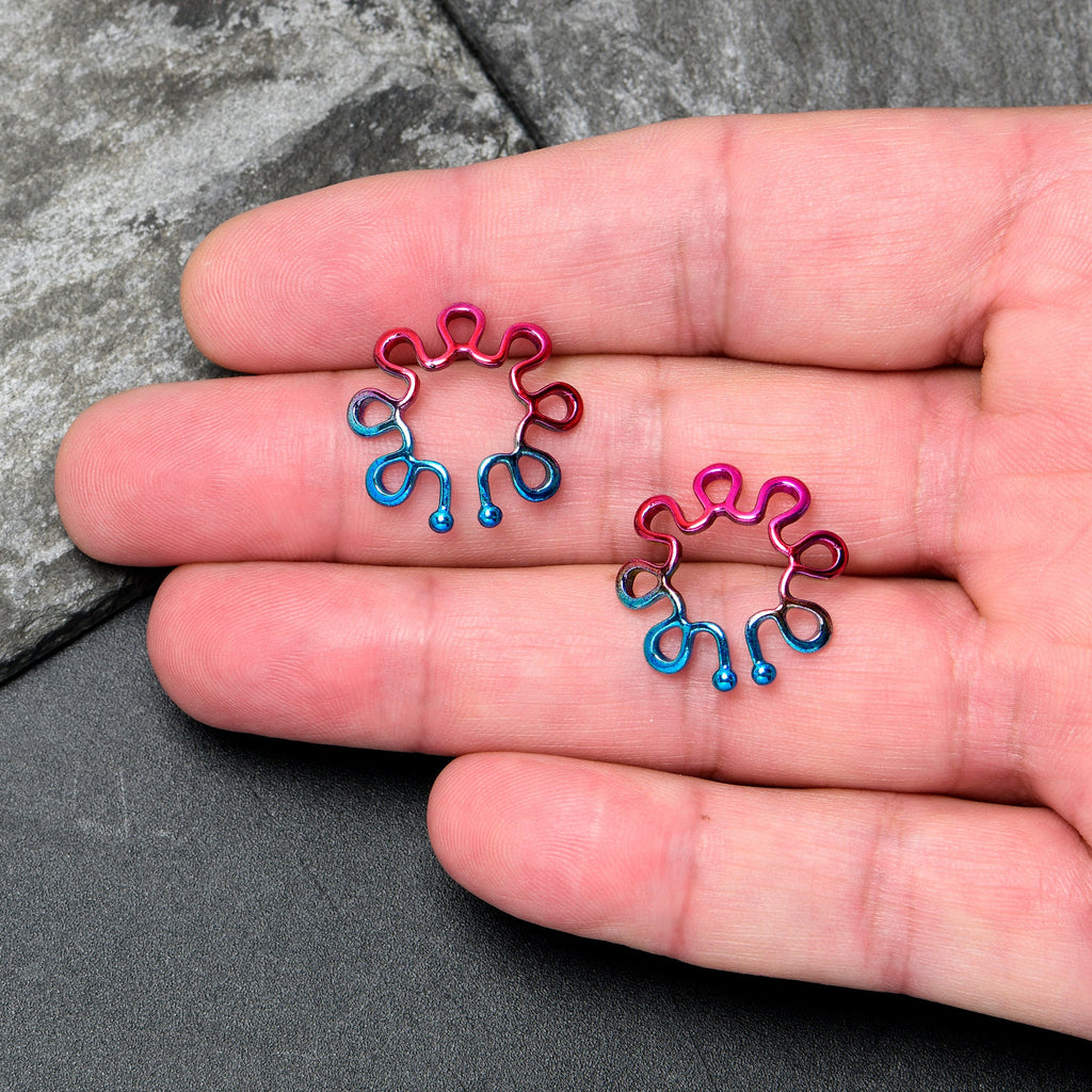 Rainbow Trippy Flower Clip On Fake Nipple Ring Set