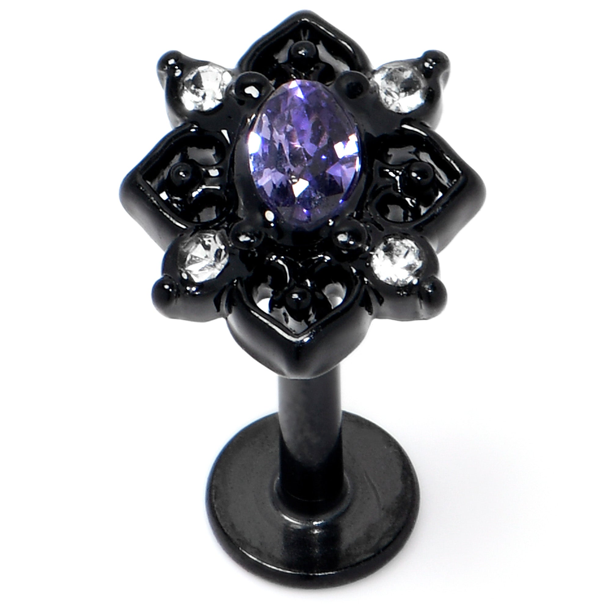 16G 5/16 Purple Gem Black Scrolling Hearts Labret Monroe Tragus