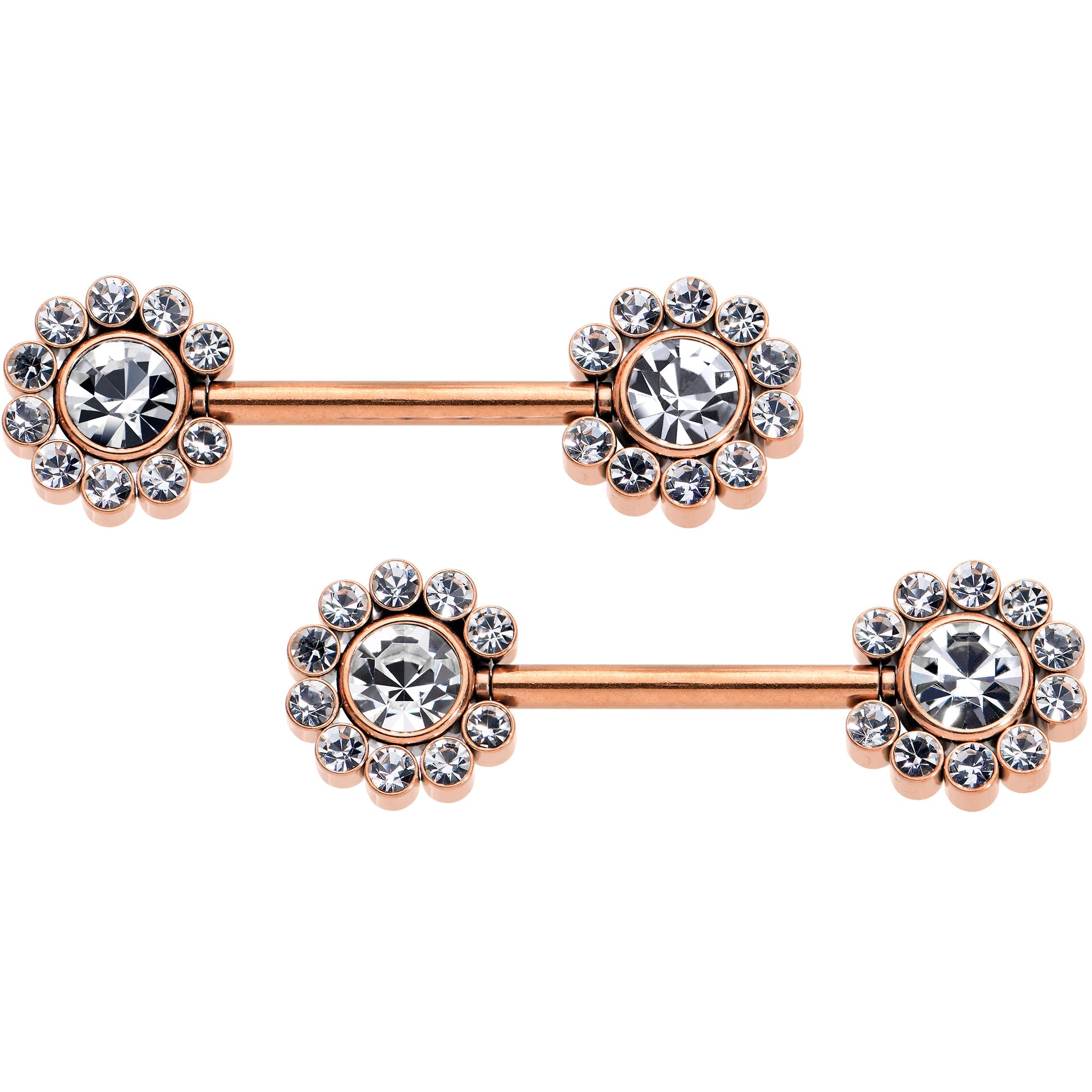 14G 9/16 Clear CZ Gem Rosy Tone Flower Threadless Nipple Ring Set