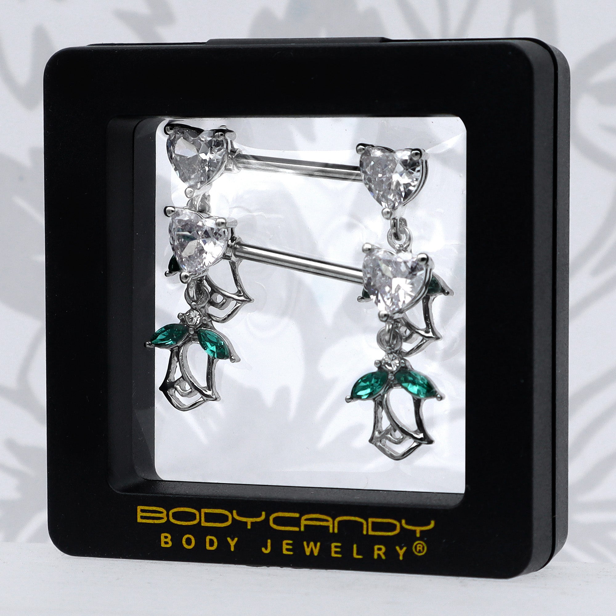 14G 9/16 Clear CZ Gem Hearts And Roses Dangle Nipple Ring Set