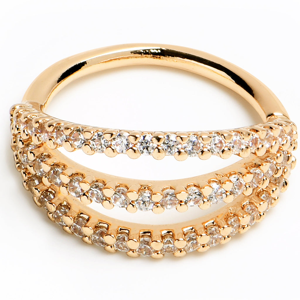 18G 3/8 Clear CZ Gem Gold Tone Faux Triple Hoop Closure Ring