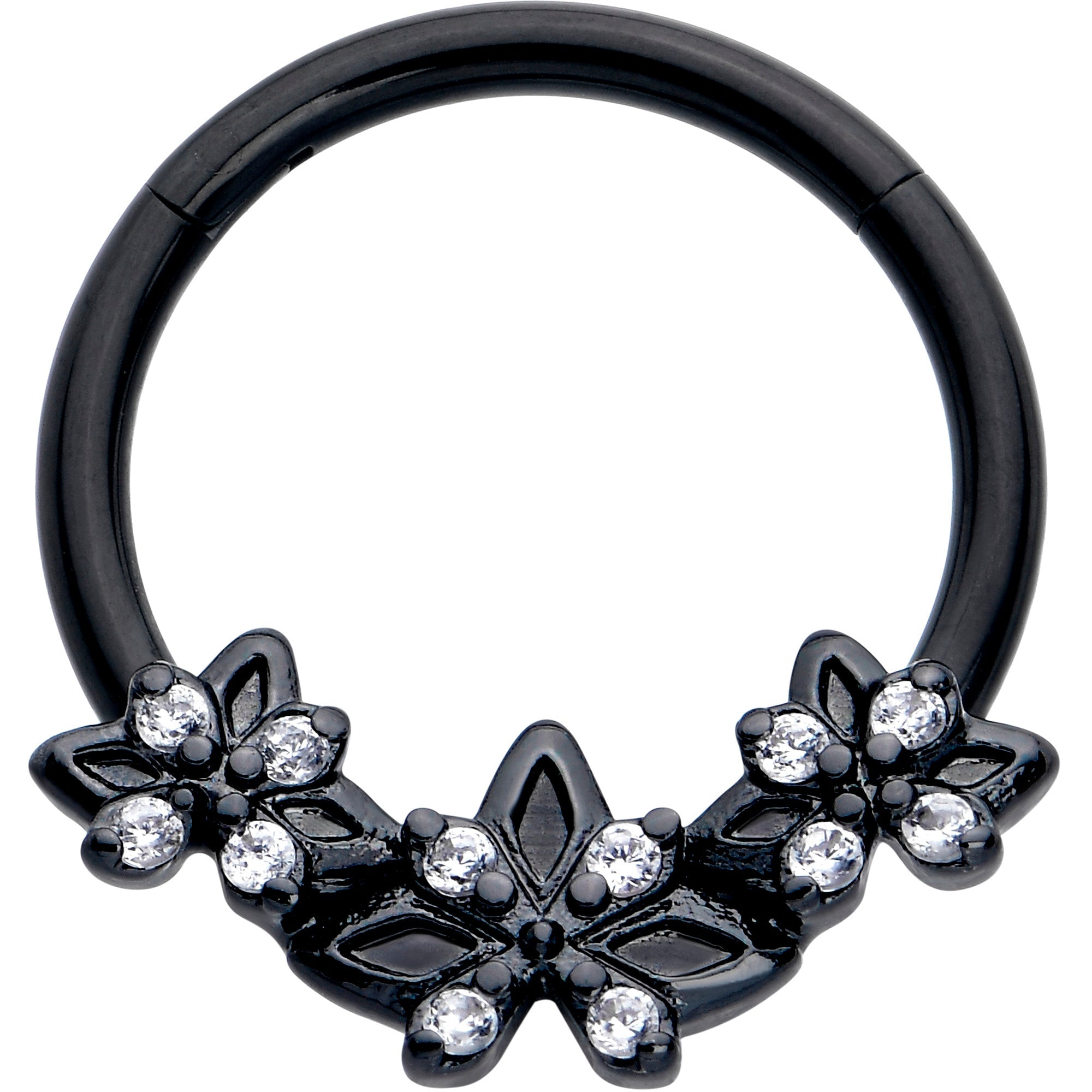 16G 3/8 Clear CZ Gem Black Gothic Star Trio Hinged Segment Ring
