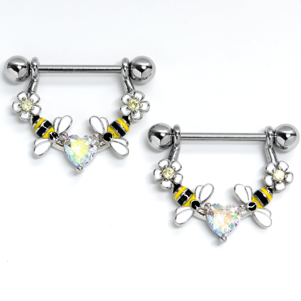 14G 9/16 Aurora Gem Heart Bees Flowers Dangle Nipple Ring Set