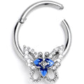 16G 3/8 Clear Gem Fabulous Butterfly Blue Hinged Segment Ring