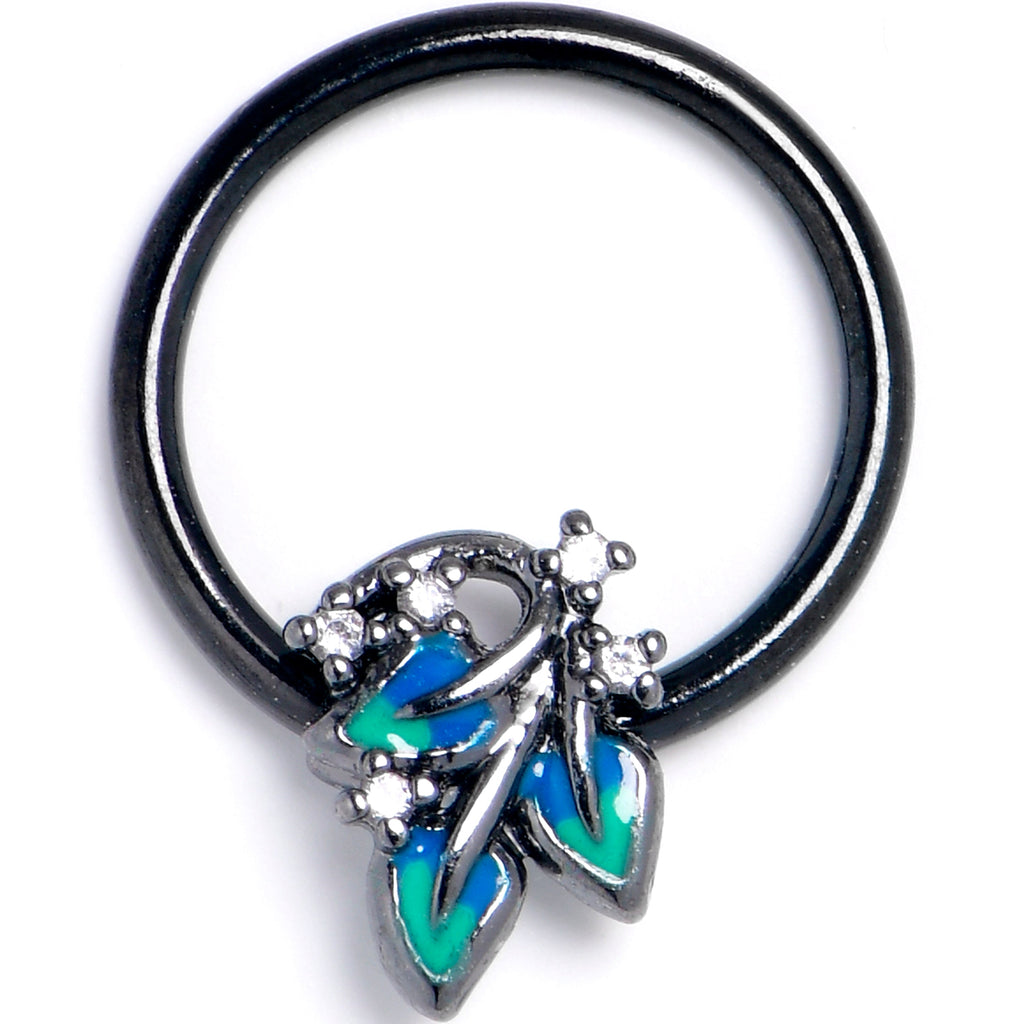 16G 3/8 Clear CZ Gem Black Lush Leaves BCR Captive Ring