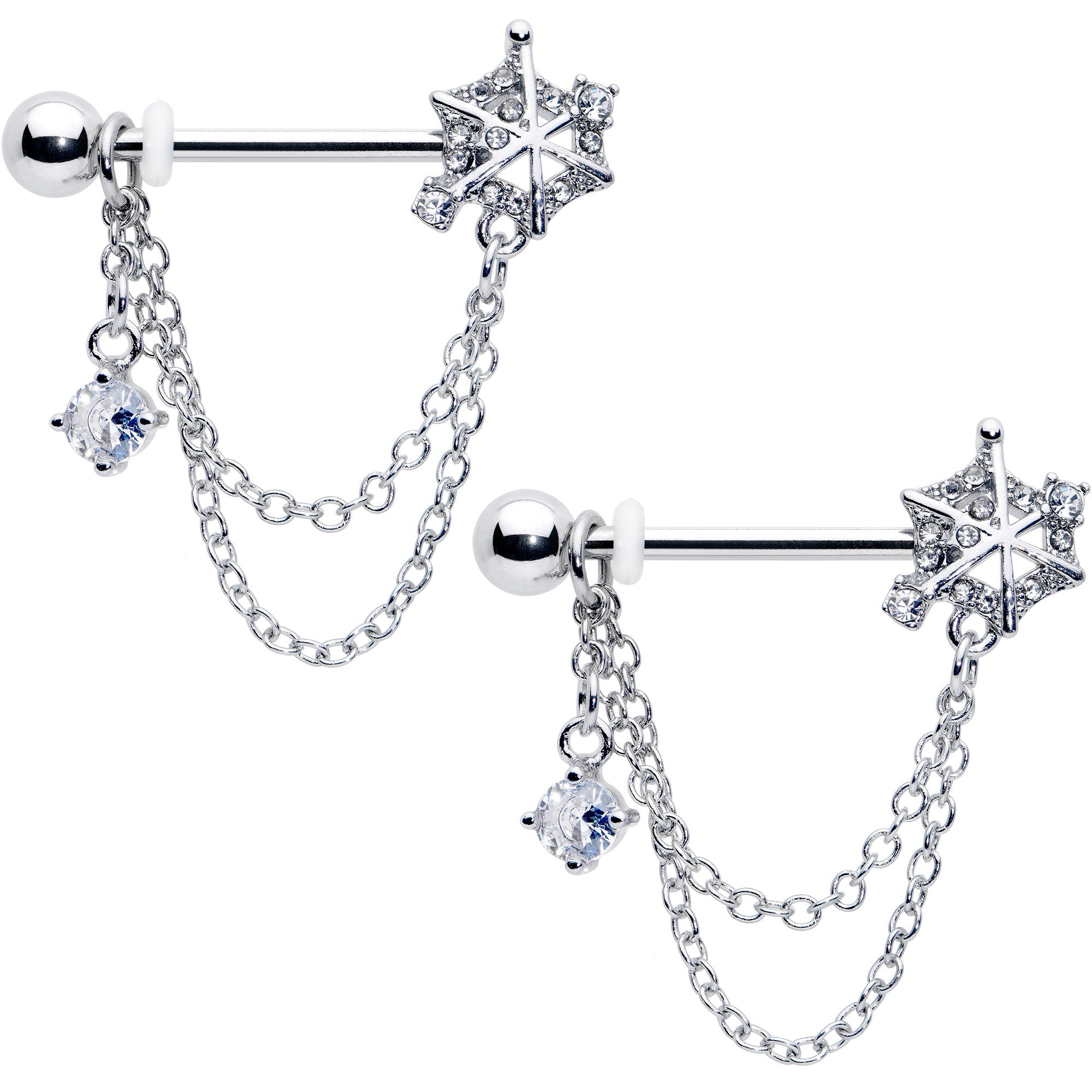 14G 9/16 Clear CZ Gem Spiderweb Chain Dangle Nipple Ring Set