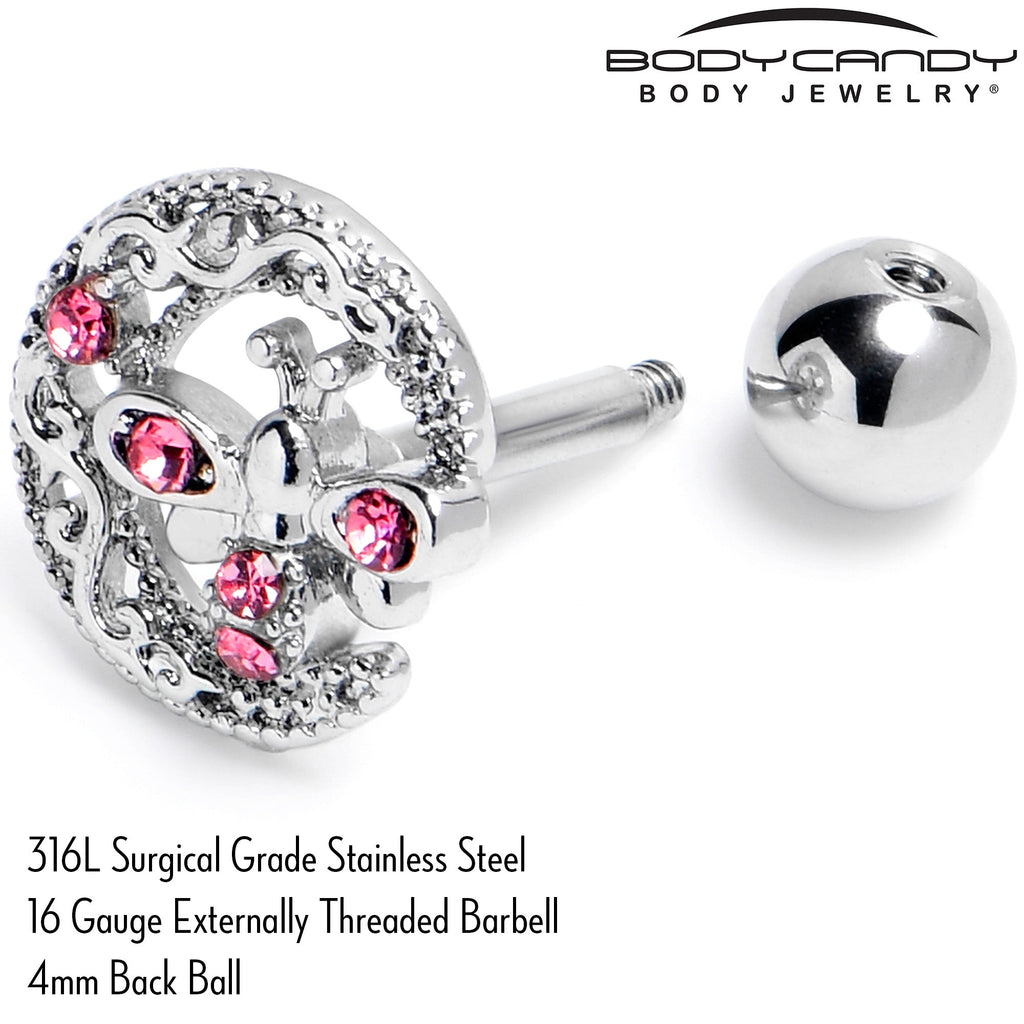 16G 1/4 Pink Gem Lunar Dragonfly Cartilage Tragus Earring