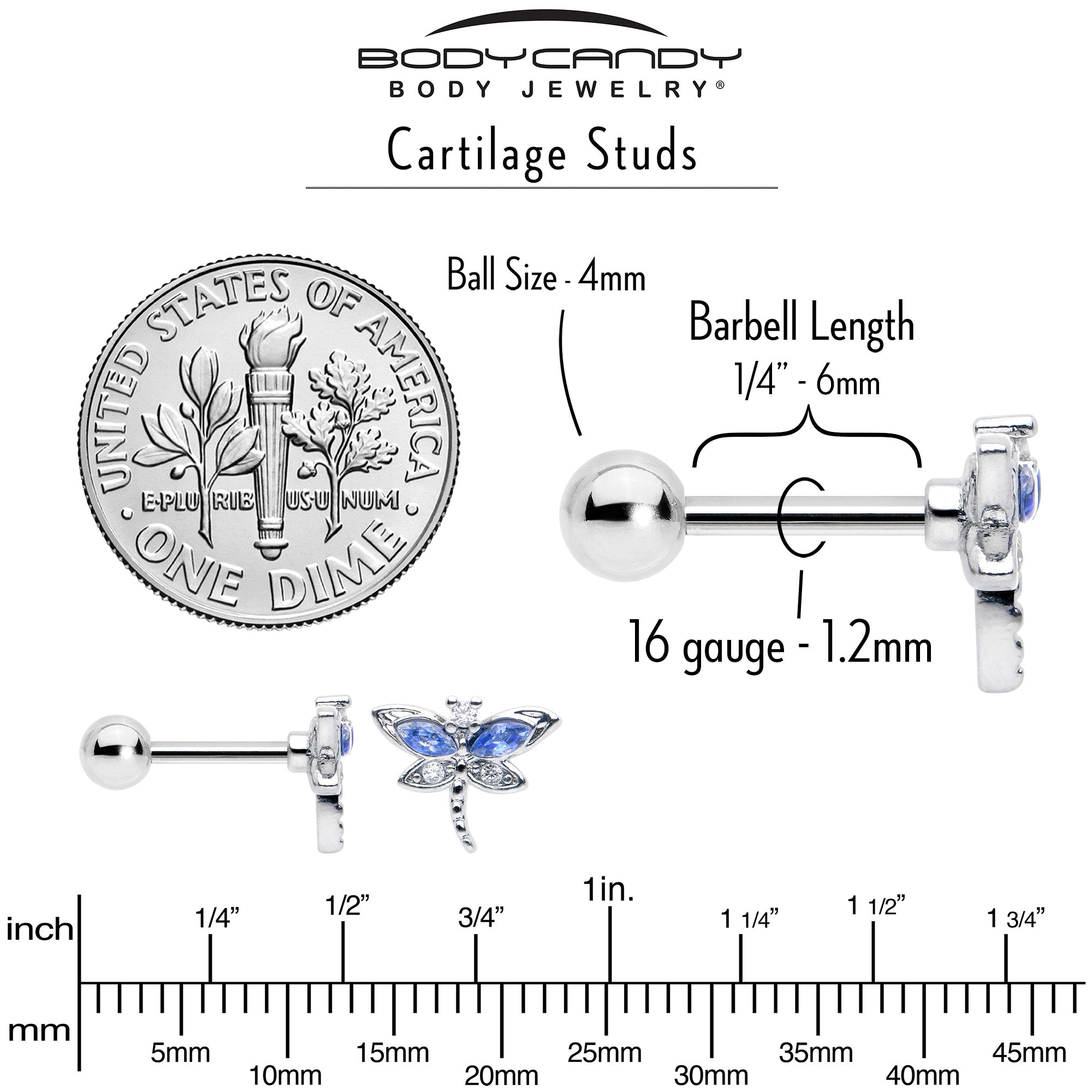 16G 1/4 Blue CZ Gem Dragonfly Style Cartilage Tragus Earring