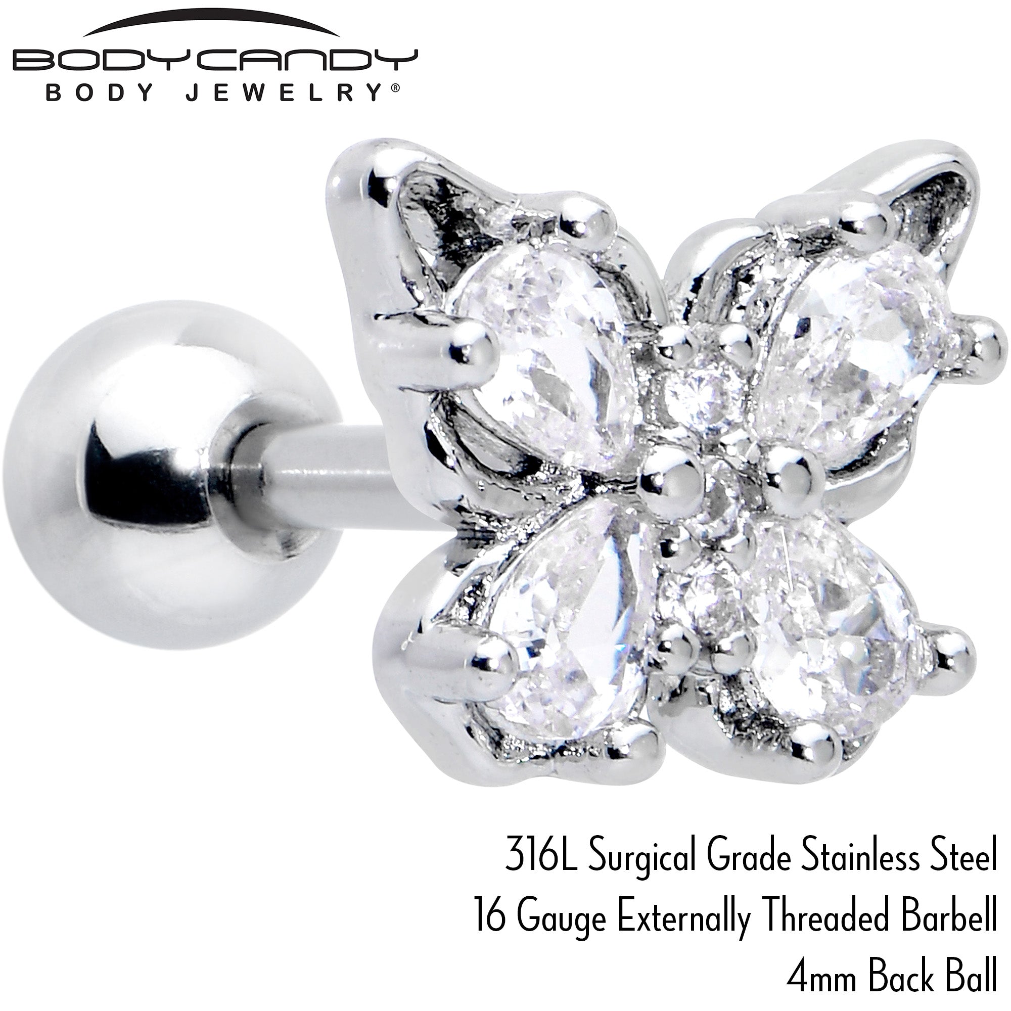 16G 1/4 Clear Gem Baroque Beauty Butterfly Cartilage Tragus Earring