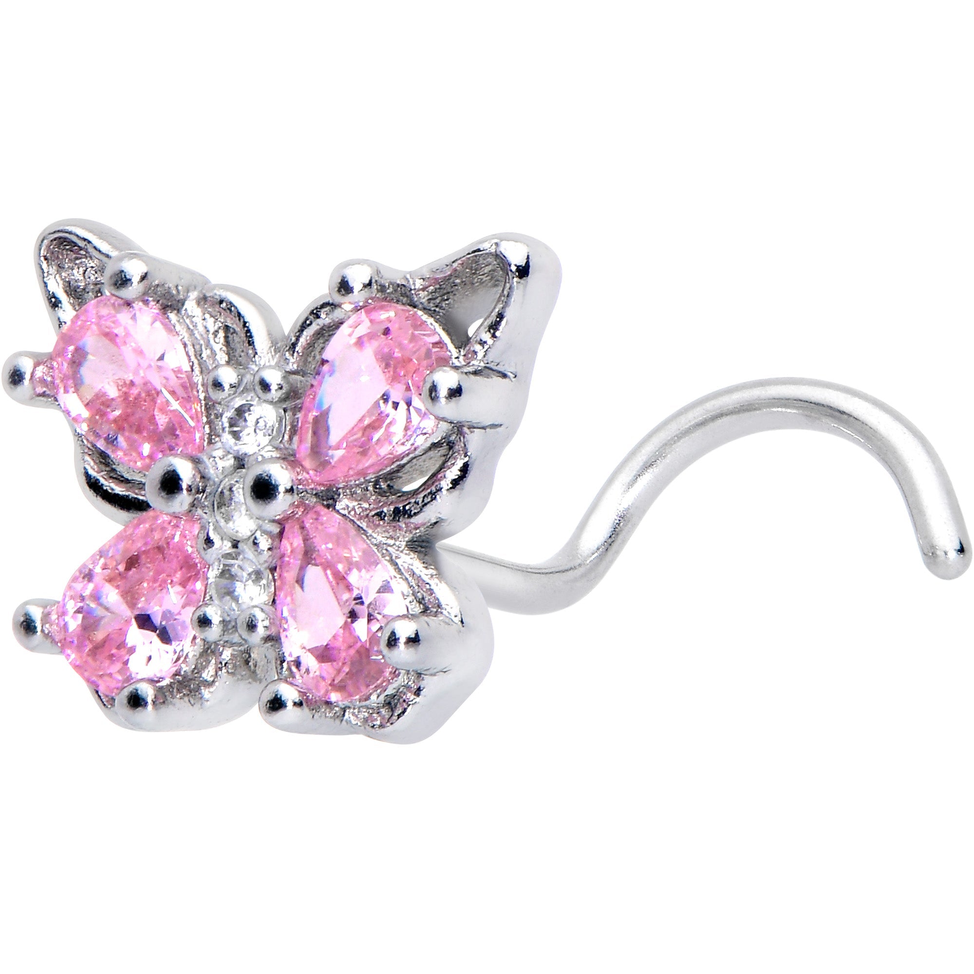 20G 7mm Pink Gem Baroque Beauty Butterfly Left Side Nose Screw