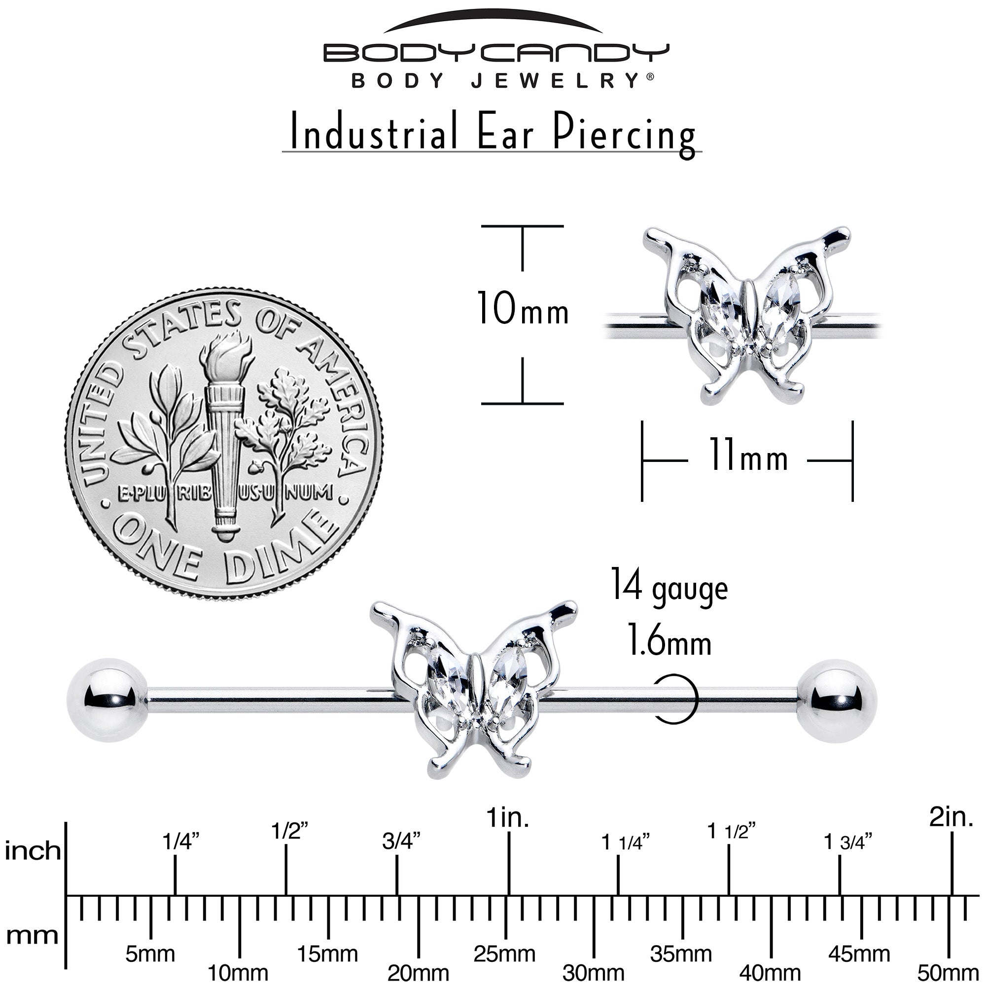 14G Clear Gem Fancy Fab Butterfly Industrial Barbell 38mm