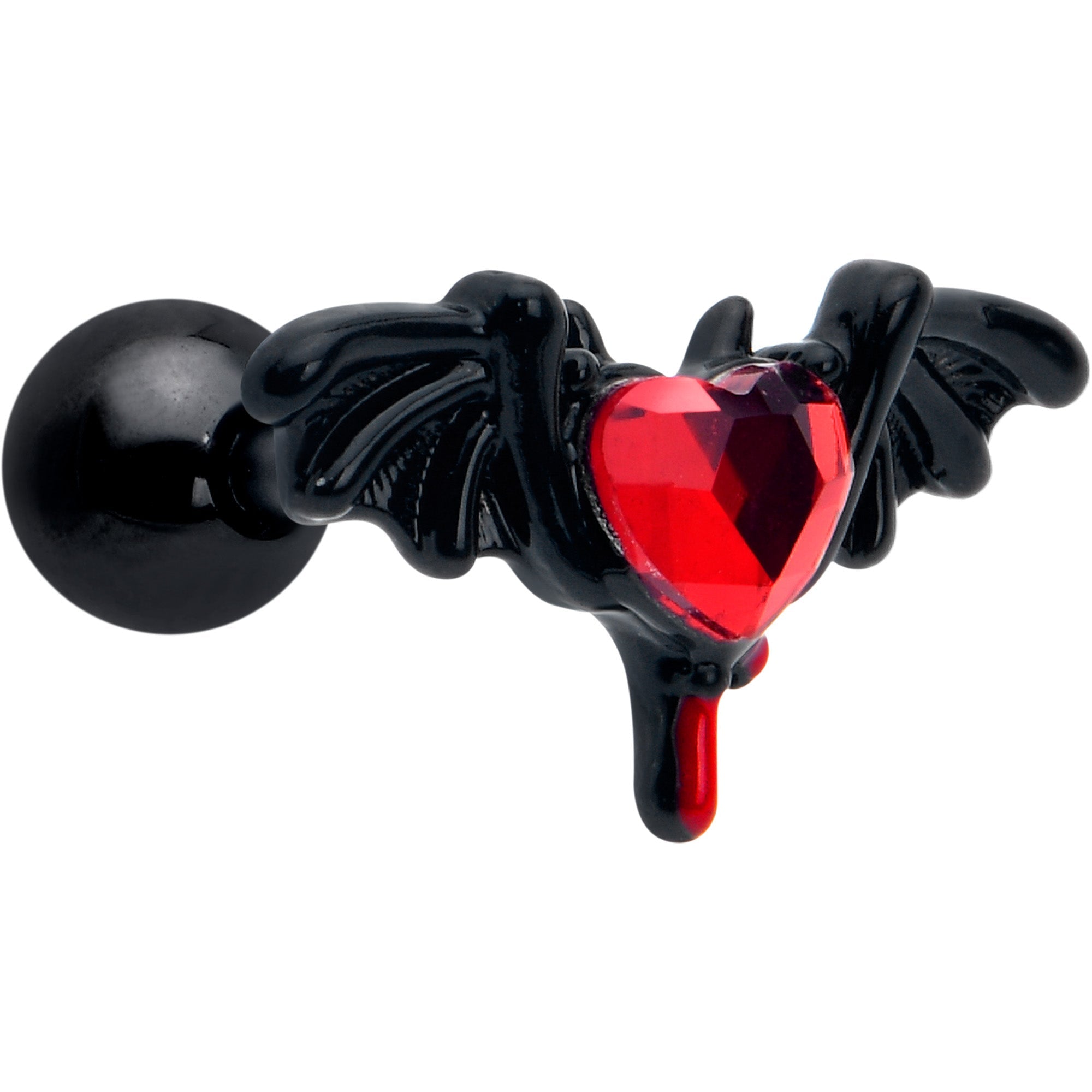16G 1/4 Red Gem Black Bleeding Heart Bat Cartilage Tragus Earring