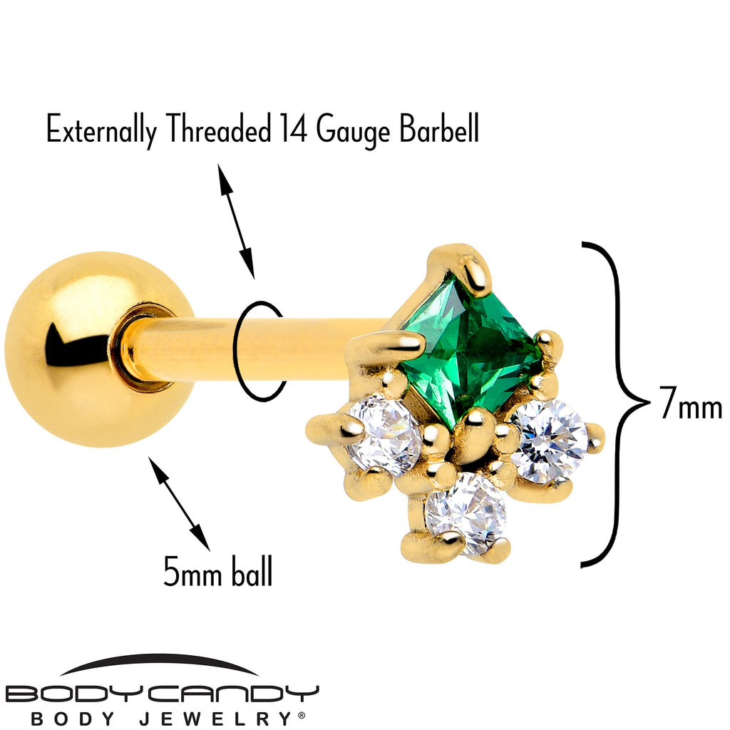 Green CZ Gem Gold Tone Rhombus Riot Barbell Tongue Ring