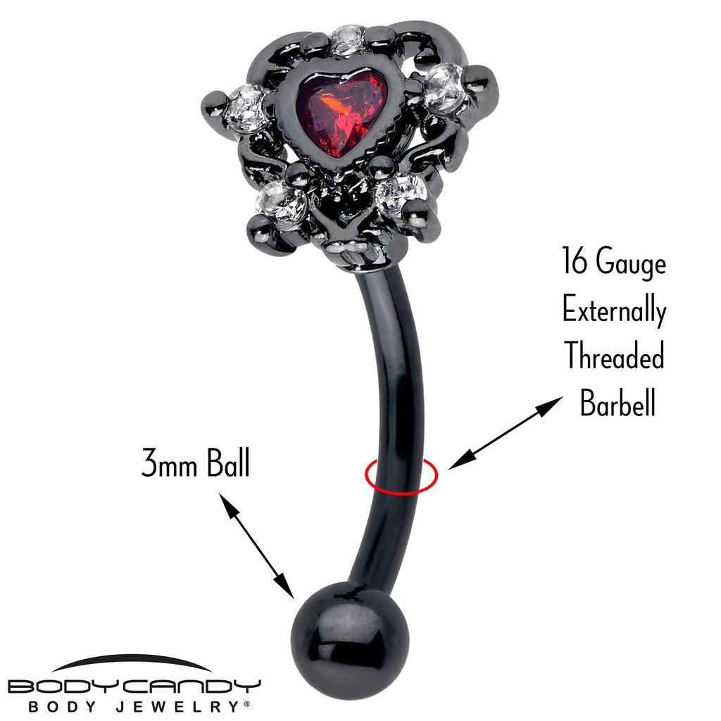 16G 5/16 Red CZ Gem Black Double Heart Curved Eyebrow Ring