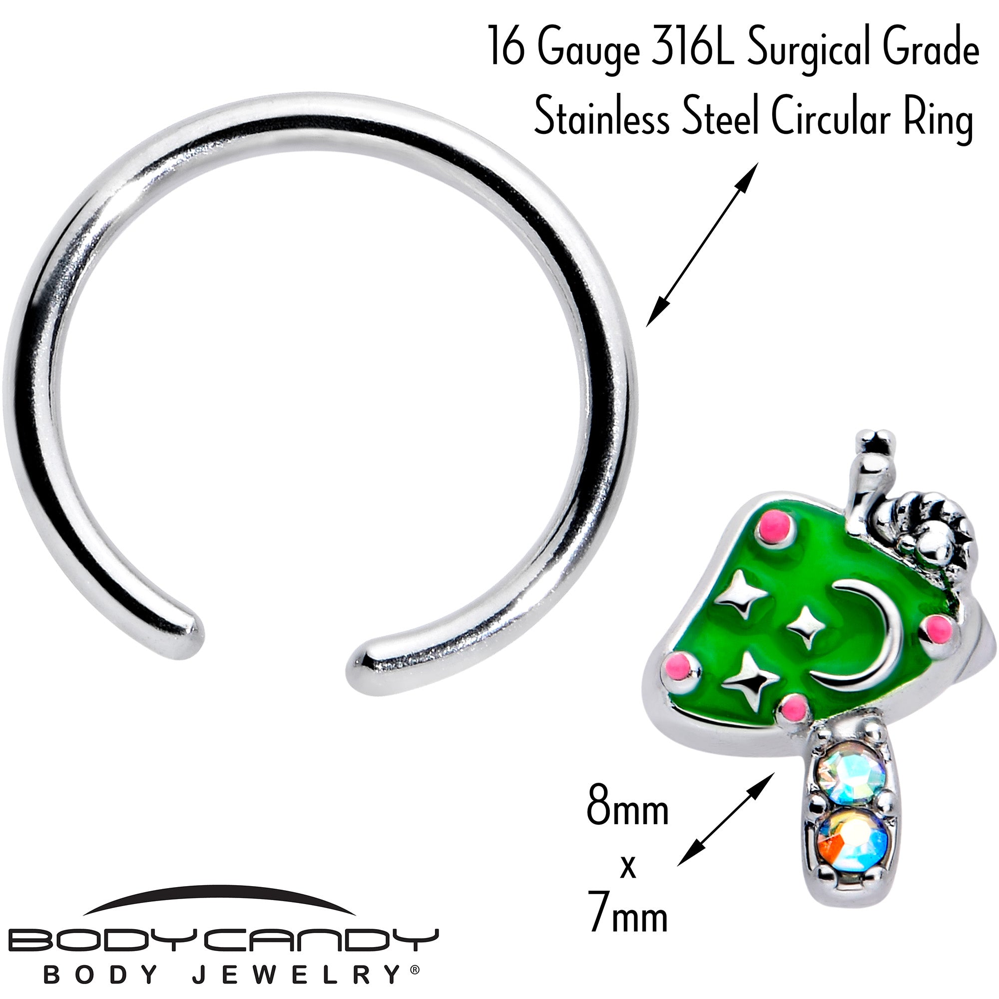 16G 3/8 Aurora Gem Fanciful Green Mushroom BCR Captive Ring