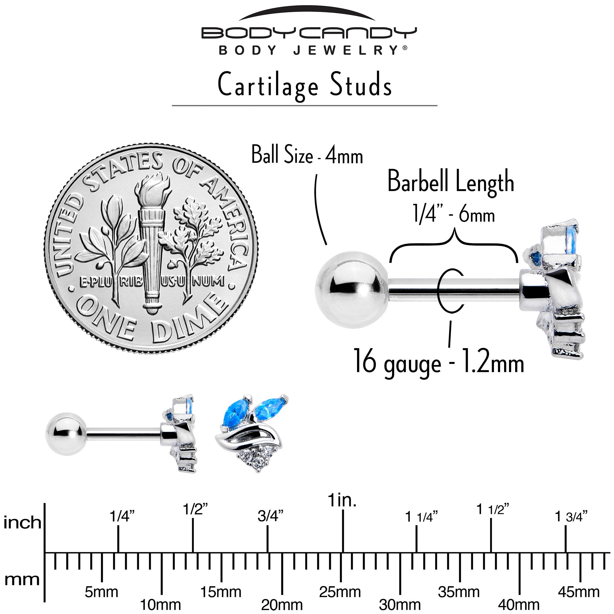 16G 1/4 Blue CZ Gem Swirl Fan Cartilage Tragus Earring