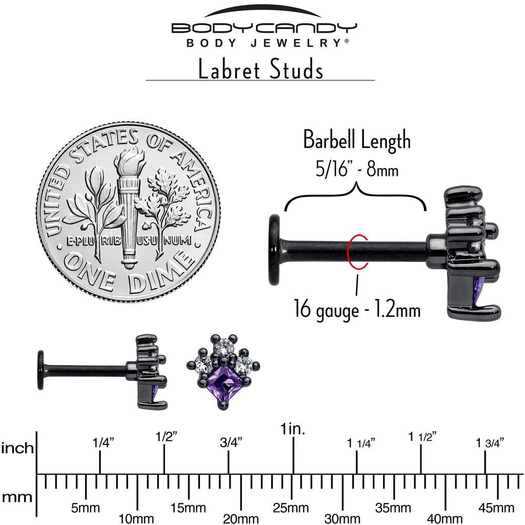 16G 5/16 Purple CZ Gem Black Rhombus Riot Labret Monroe Tragus