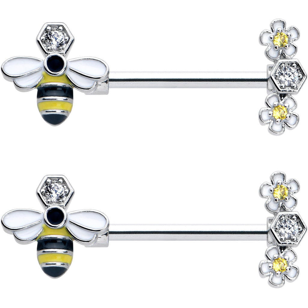 14G 9/16 Yellow Clear CZ Gem Flower Bee Barbell Nipple Ring Set