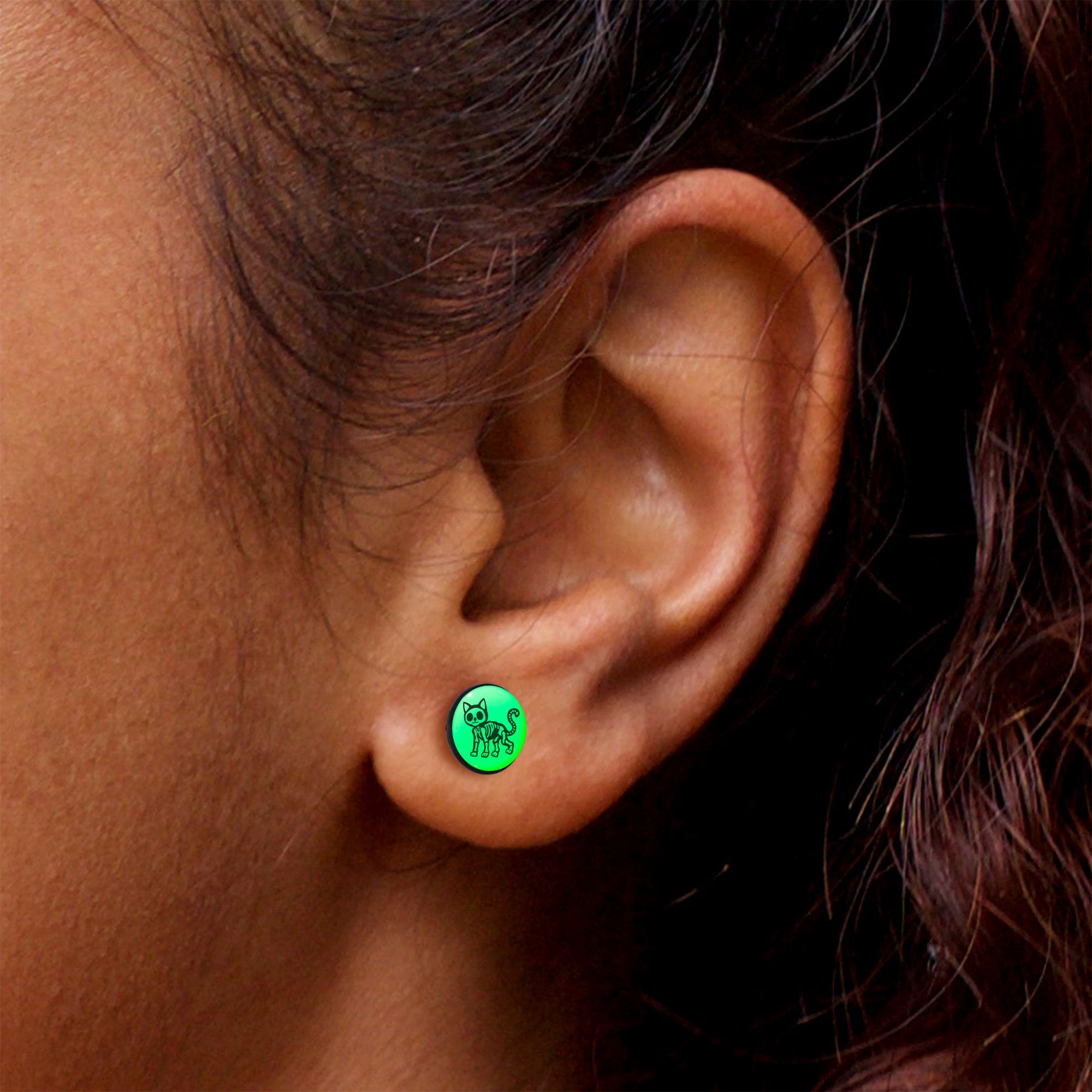 Black Anodized Skeleton Kitty Cat Glow in the Dark Stud Earrings by Onyx O